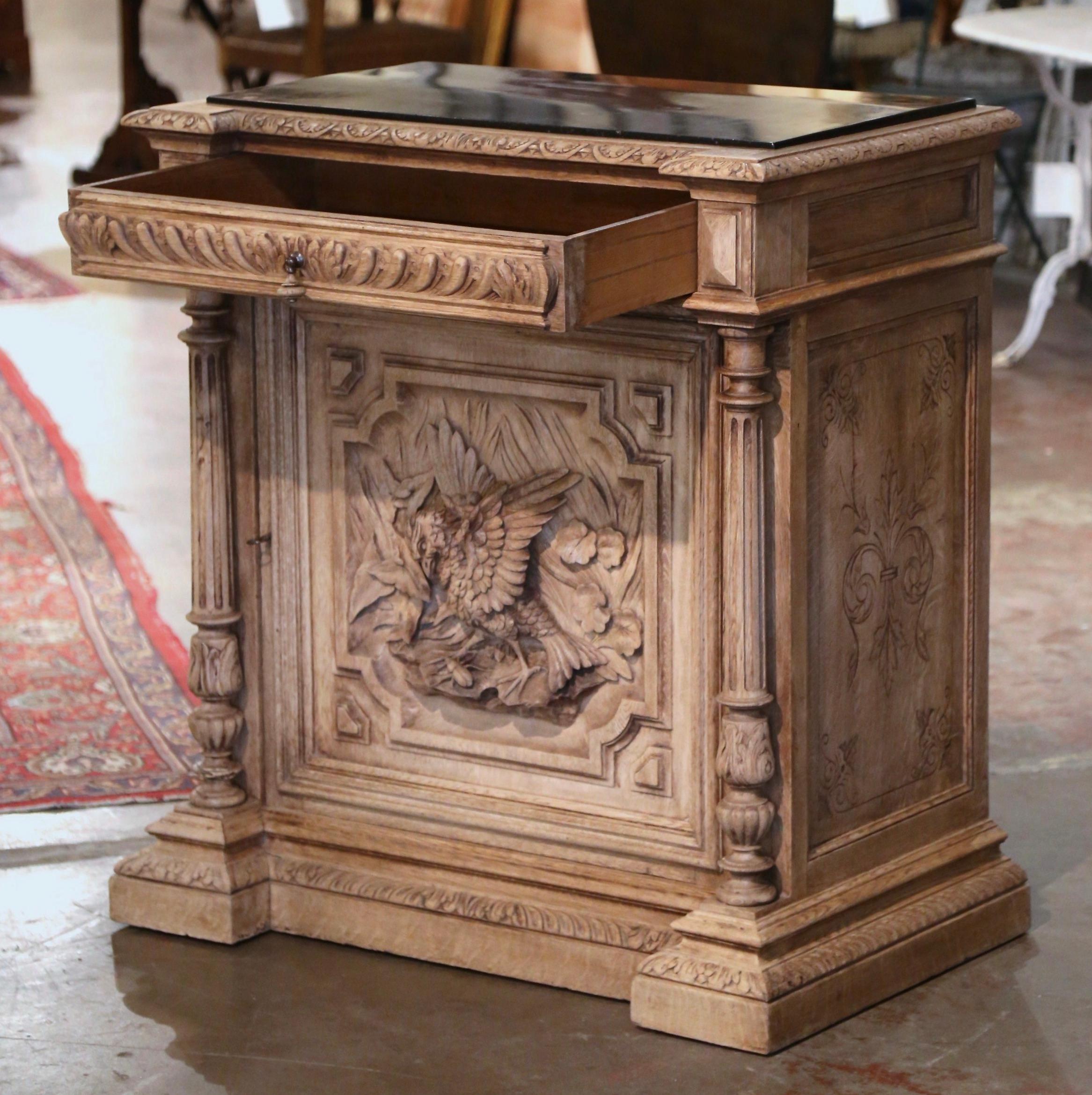 19th Century French Marble Top Carved Bleach Oak Jelly Cabinet with Bird Decor For Sale 6