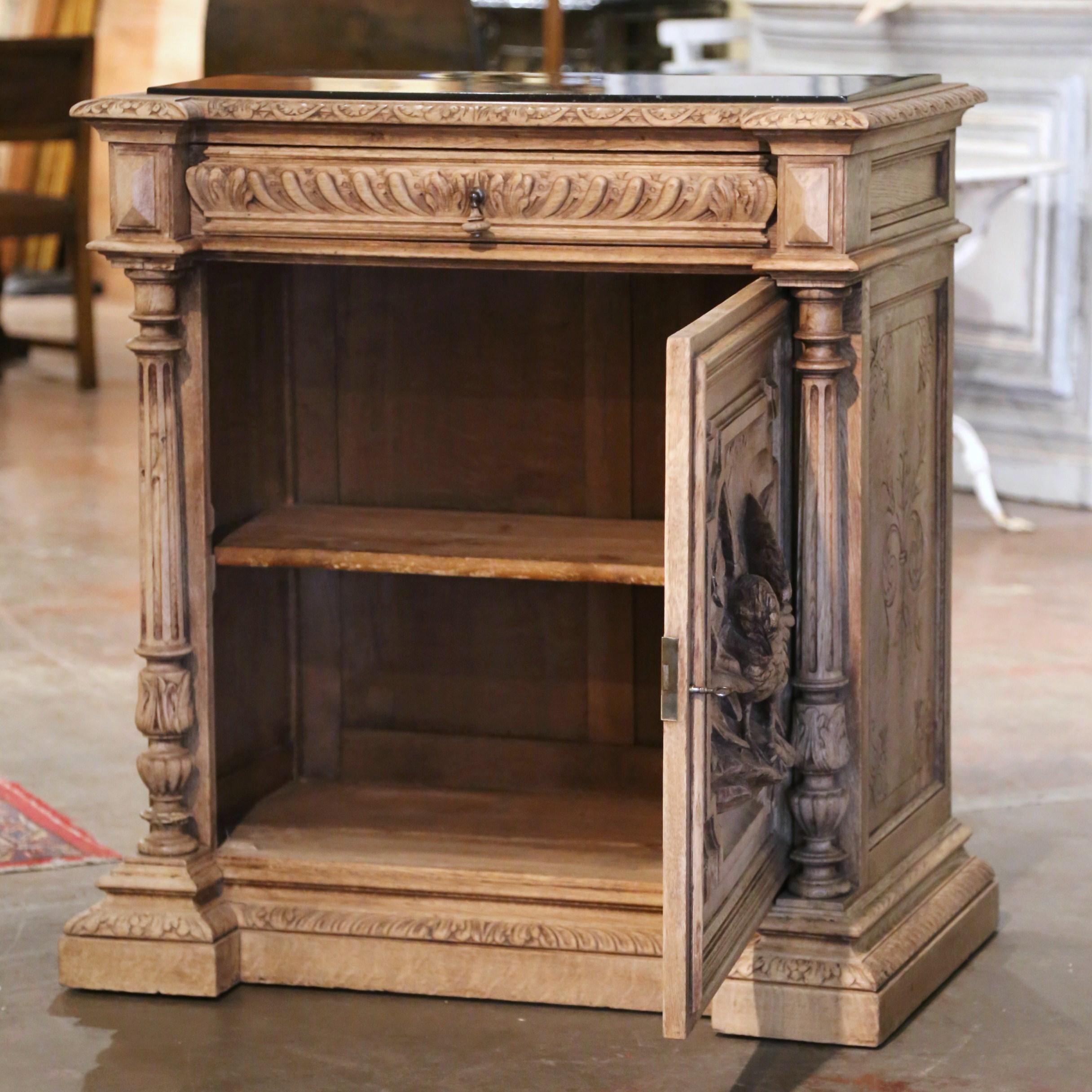 19th Century French Marble Top Carved Bleach Oak Jelly Cabinet with Bird Decor For Sale 8