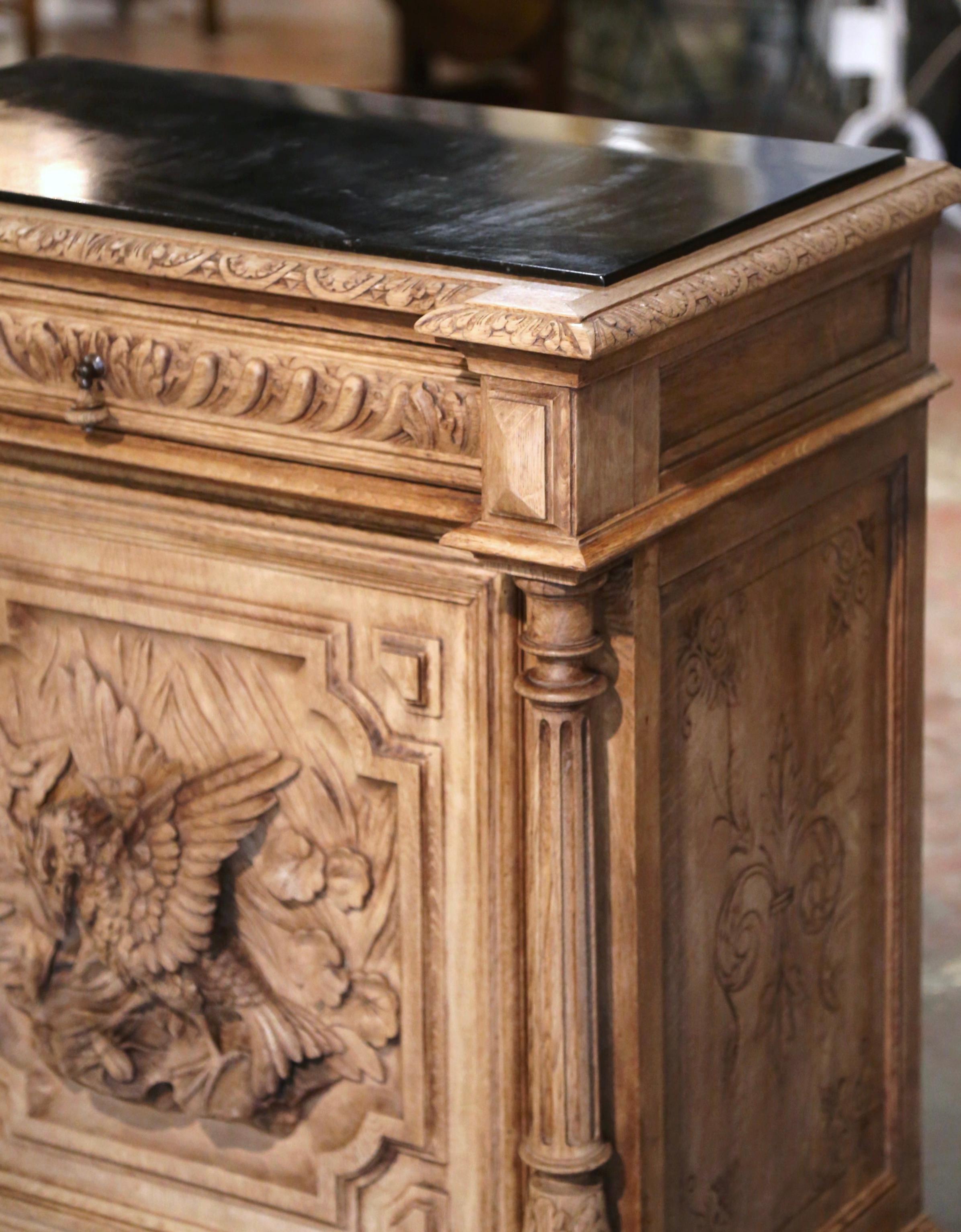 Bleached 19th Century French Marble Top Carved Bleach Oak Jelly Cabinet with Bird Decor For Sale