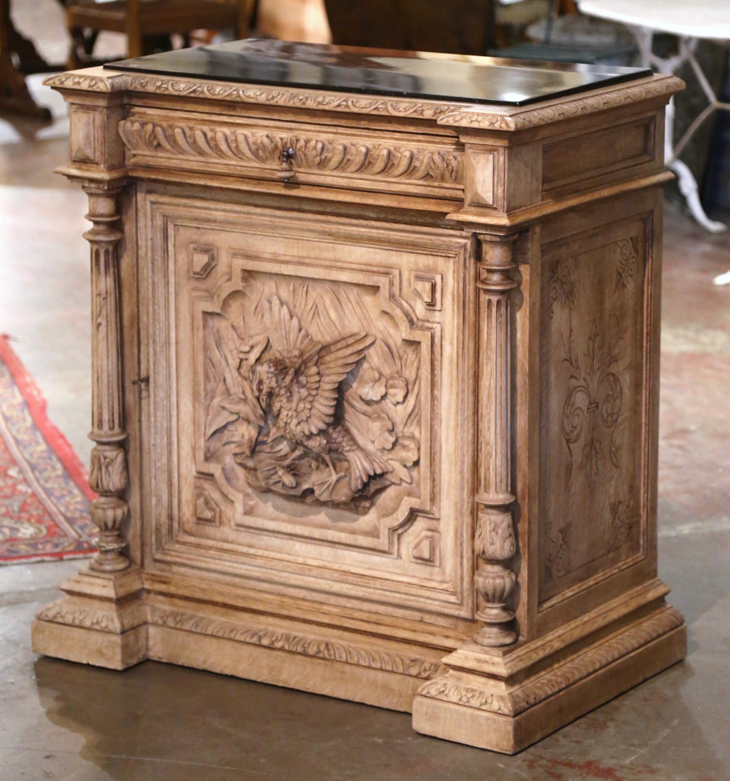 19th Century French Marble Top Carved Bleach Oak Jelly Cabinet with Bird Decor In Excellent Condition For Sale In Dallas, TX