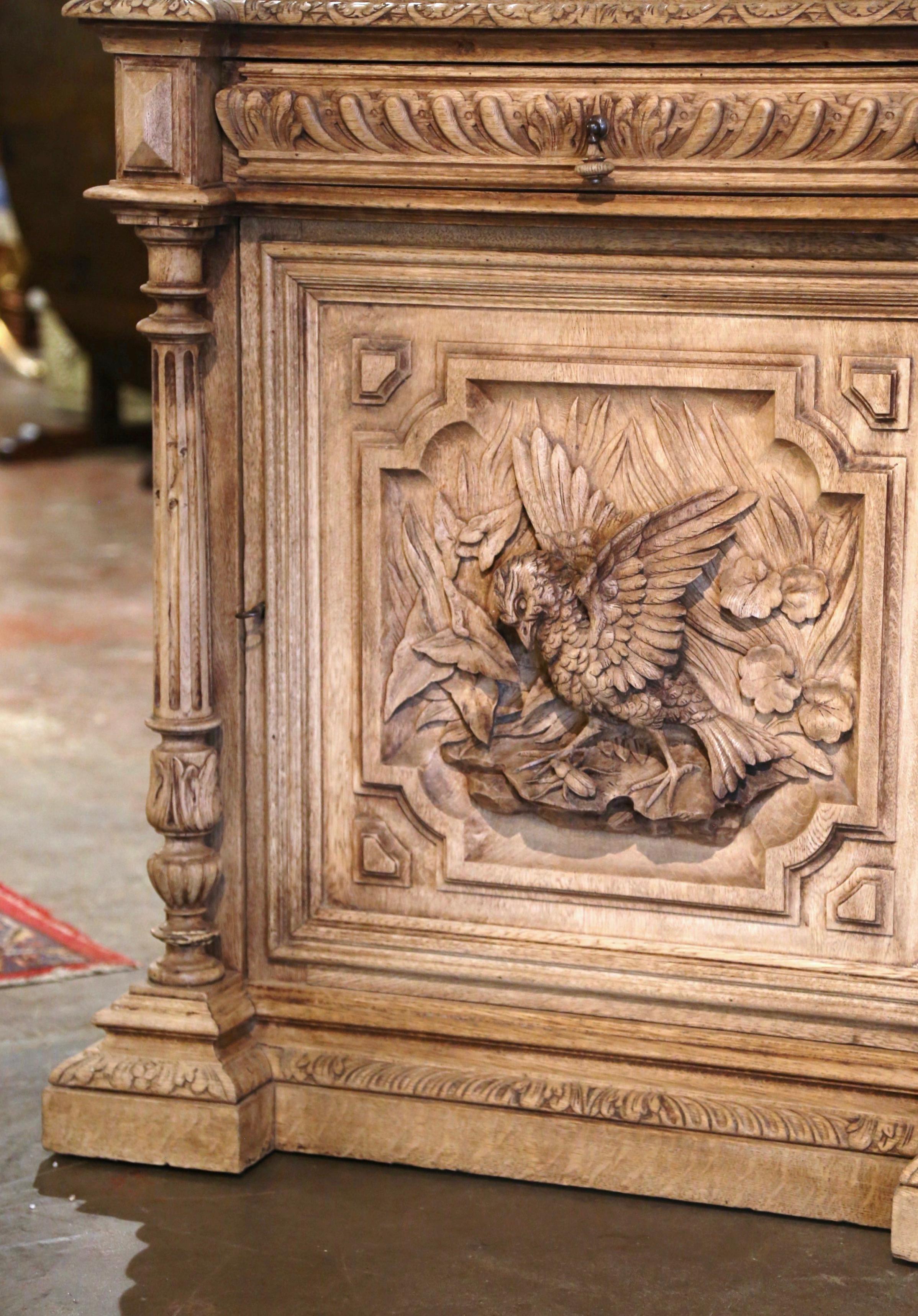 19th Century French Marble Top Carved Bleach Oak Jelly Cabinet with Bird Decor For Sale 1