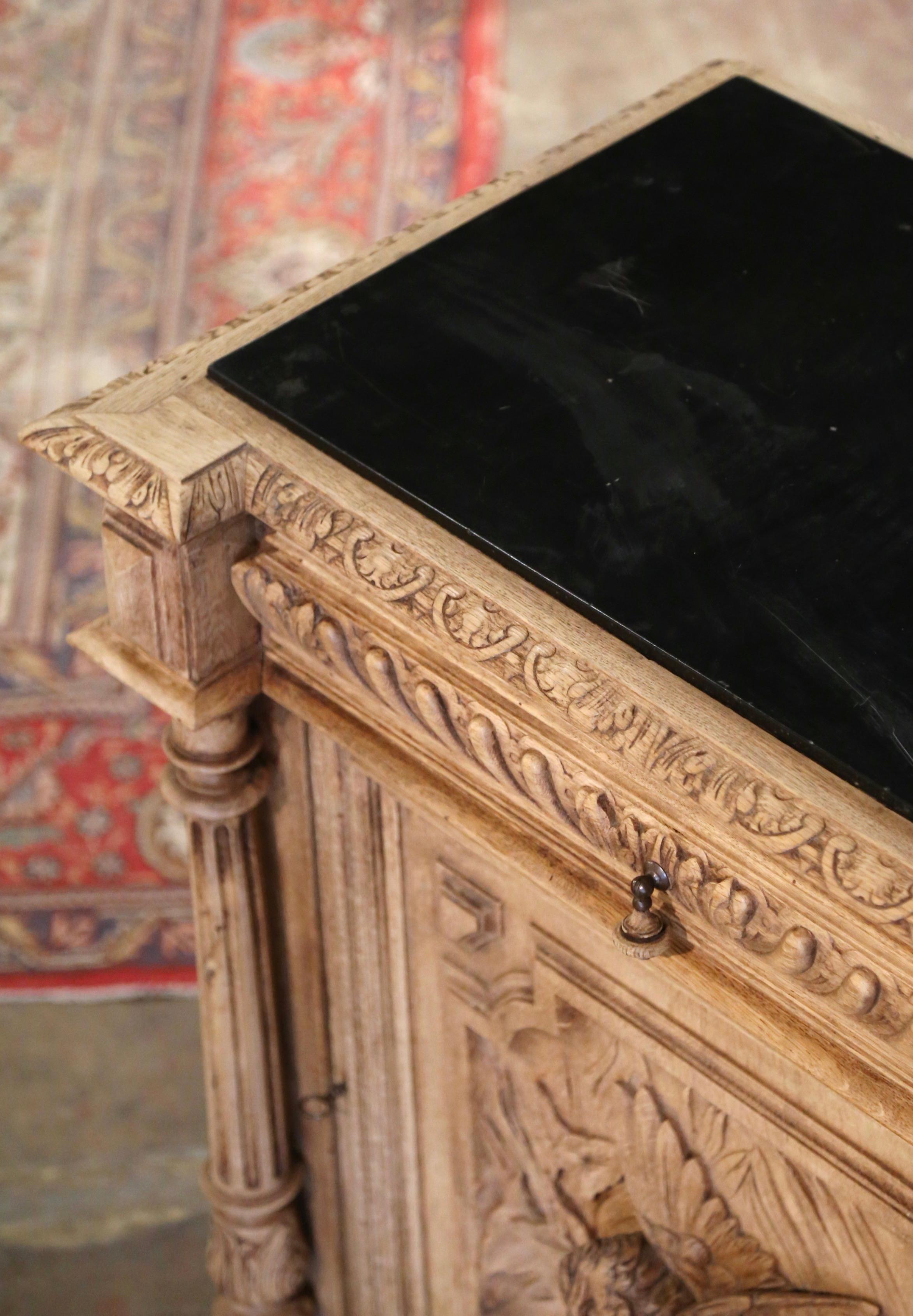 19th Century French Marble Top Carved Bleach Oak Jelly Cabinet with Bird Decor For Sale 4