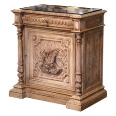19th Century French Marble Top Carved Bleach Oak Jelly Cabinet with Bird Decor
