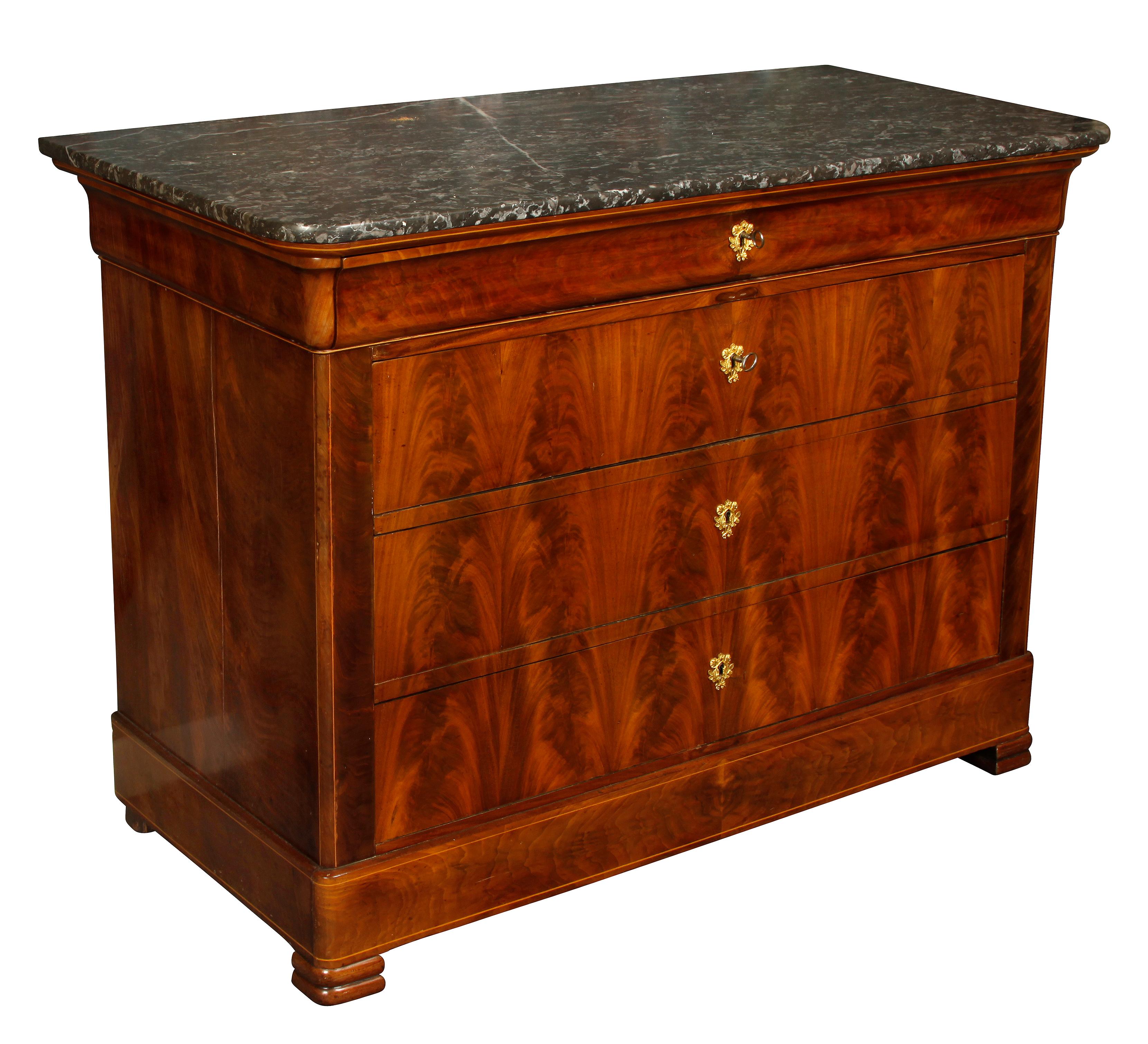 19th century French marble-top commode in burl wood.