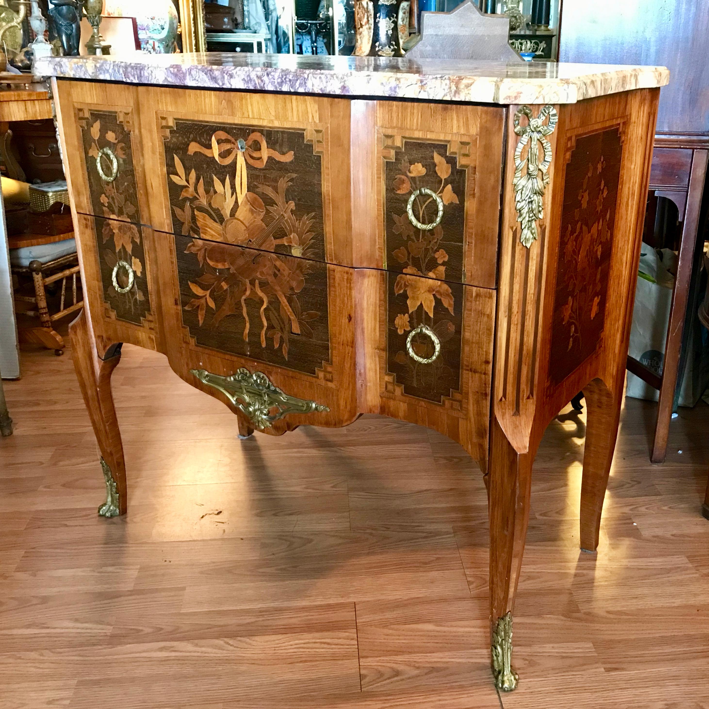 Inlay 19th Century French Marble Top Commode Signed Paul Sormani