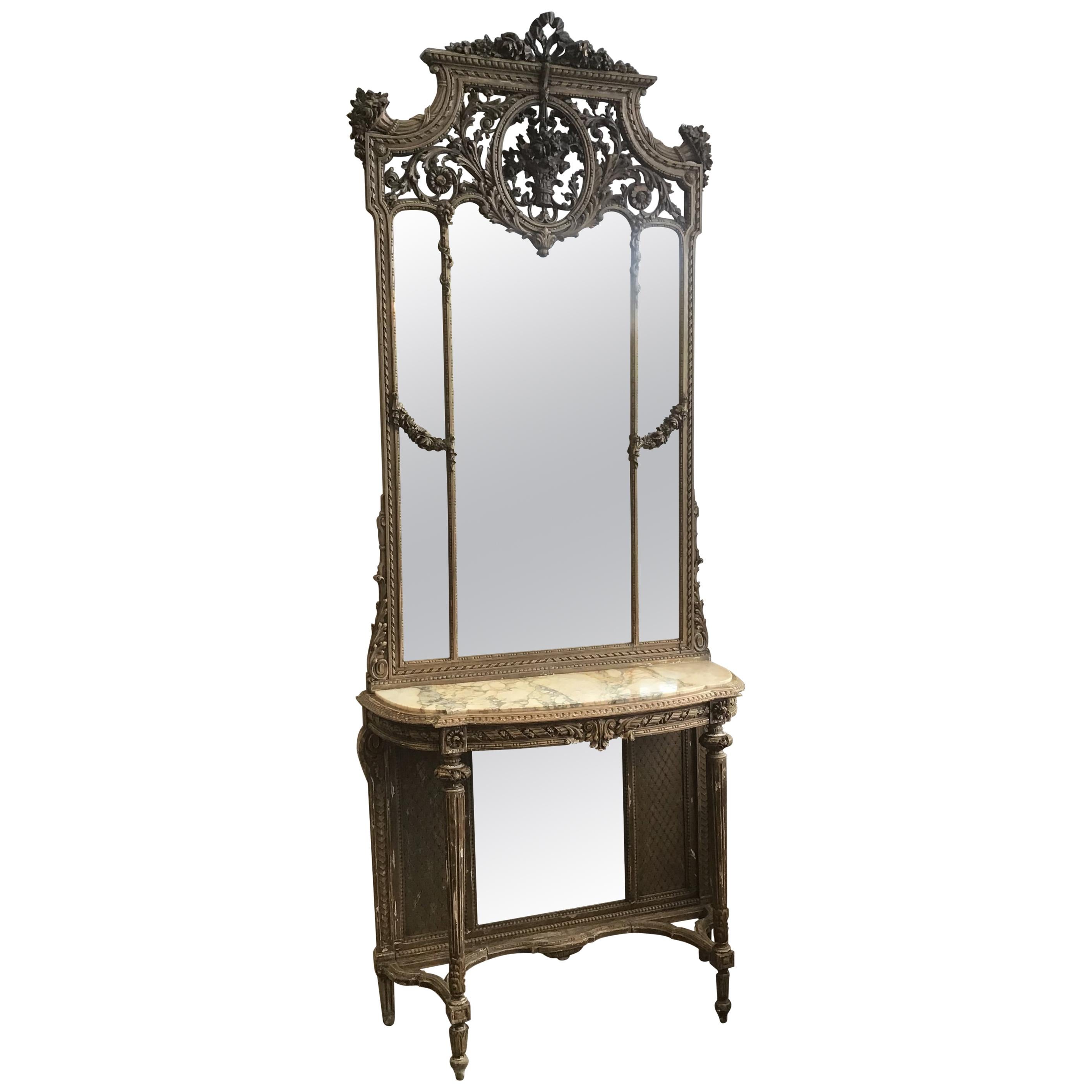 19th Century French Marble-Top Console with Giltwood Framed Mirror from 1890s