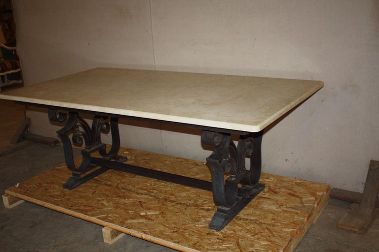19th Century French MarbleTop Dining Table with Wrought Iron Base For