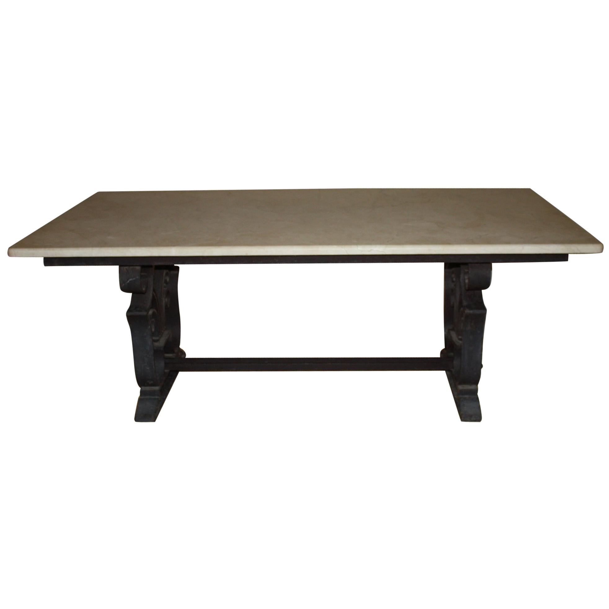 19th Century French MarbleTop Dining Table with Wrought Iron Base For