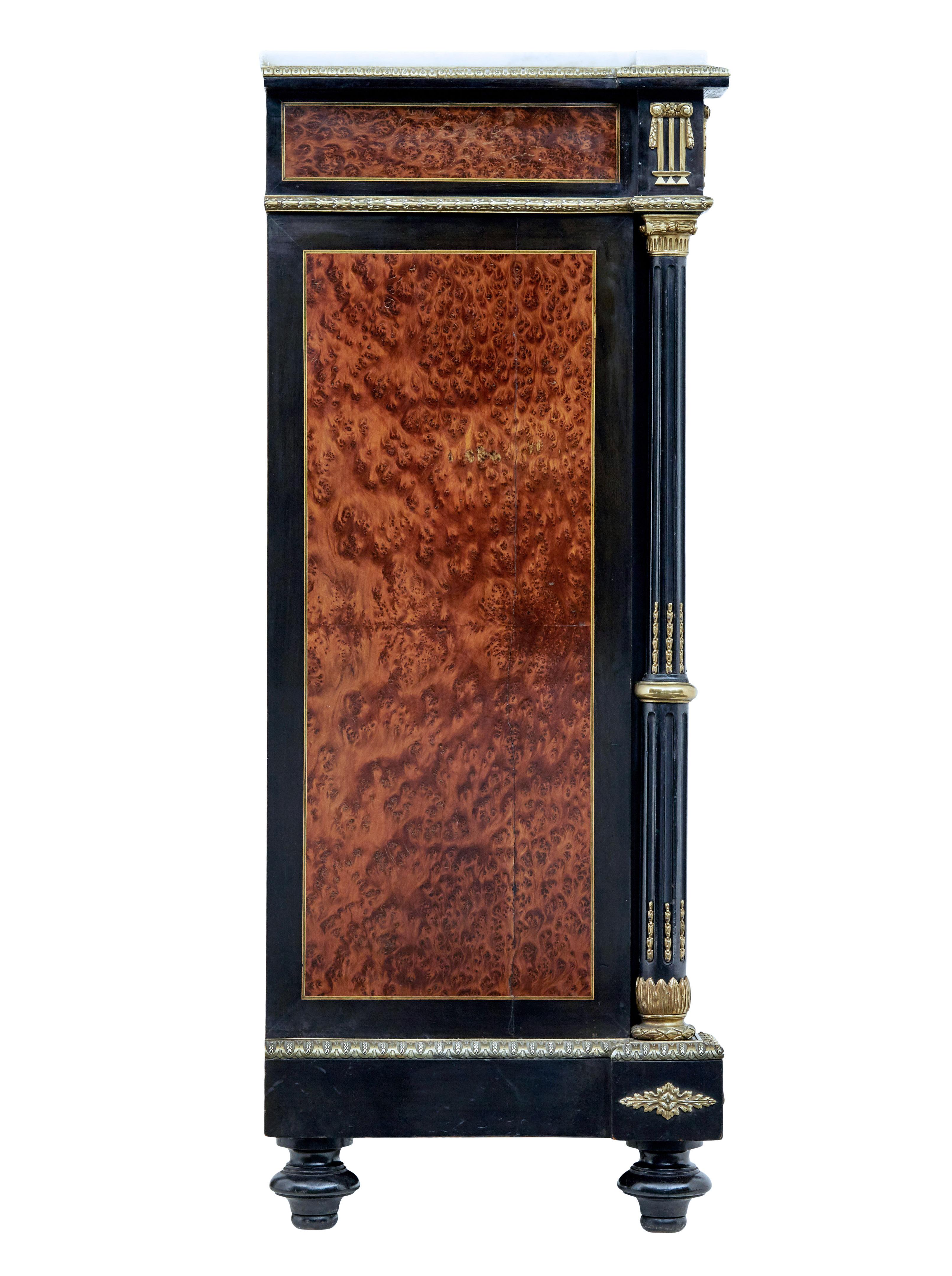 Ebonized 19th Century French Marble Top Inlaid Amboyna Sideboard