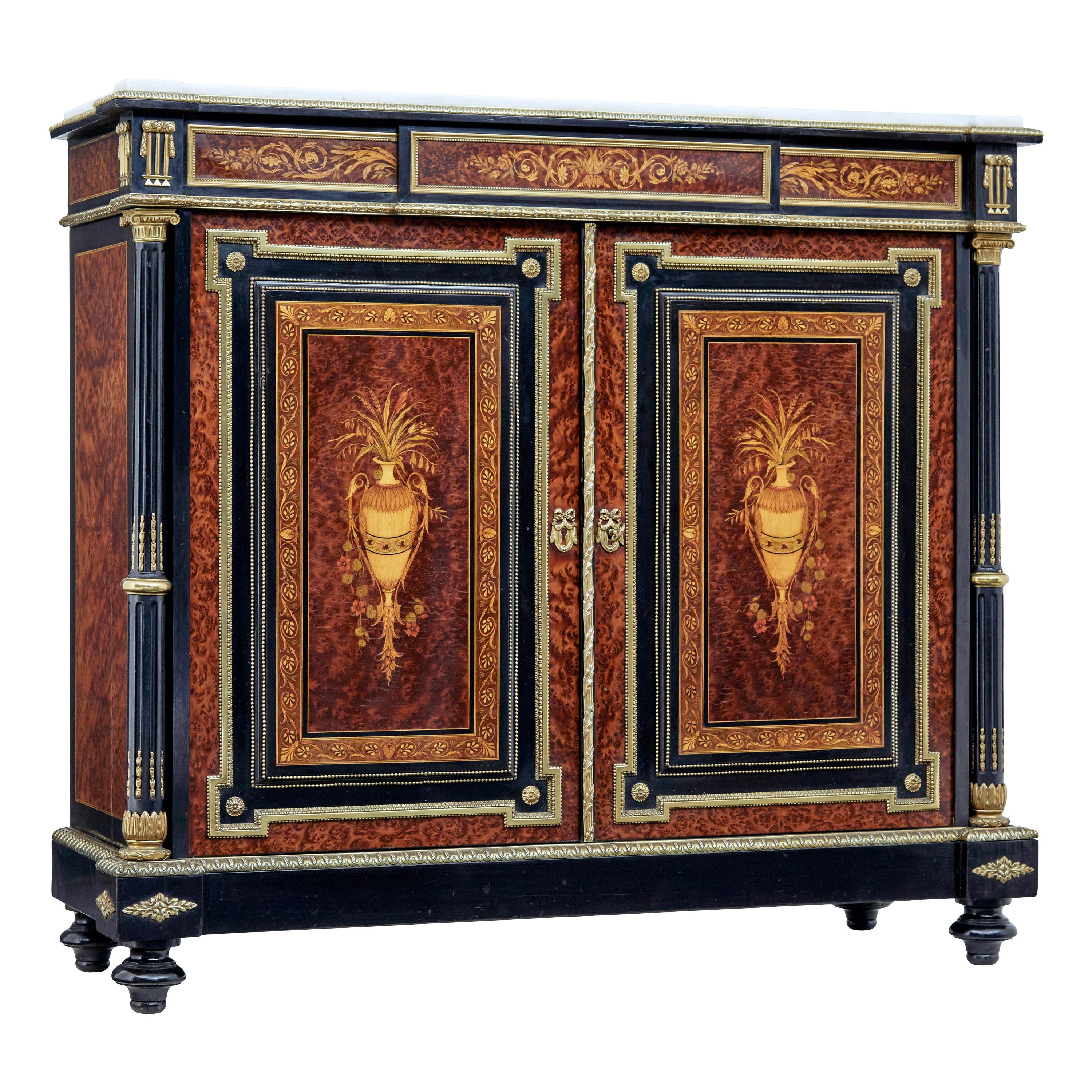 19th Century French Marble Top Inlaid Amboyna Sideboard