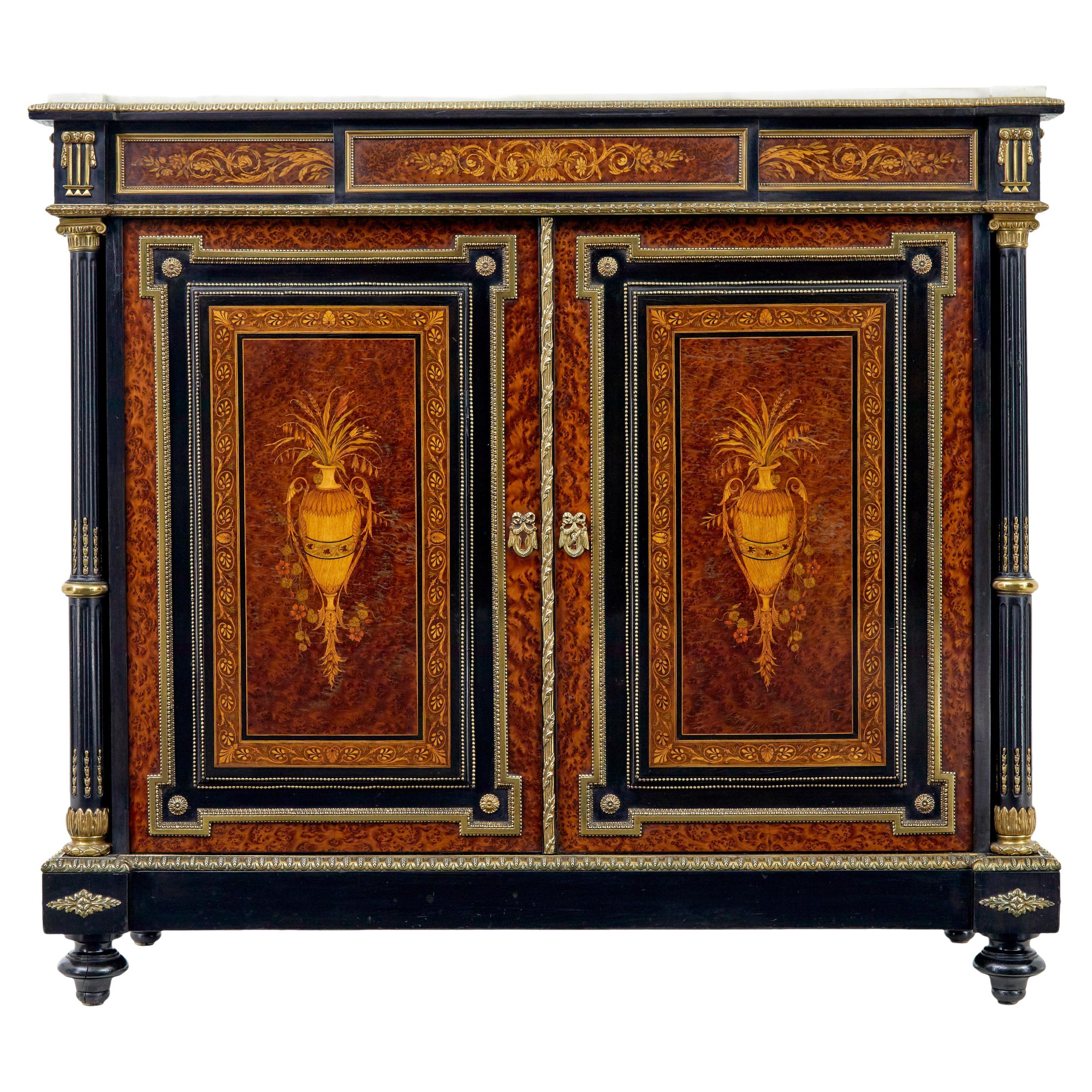 19th century French marble top inlaid amboyna sideboard For Sale