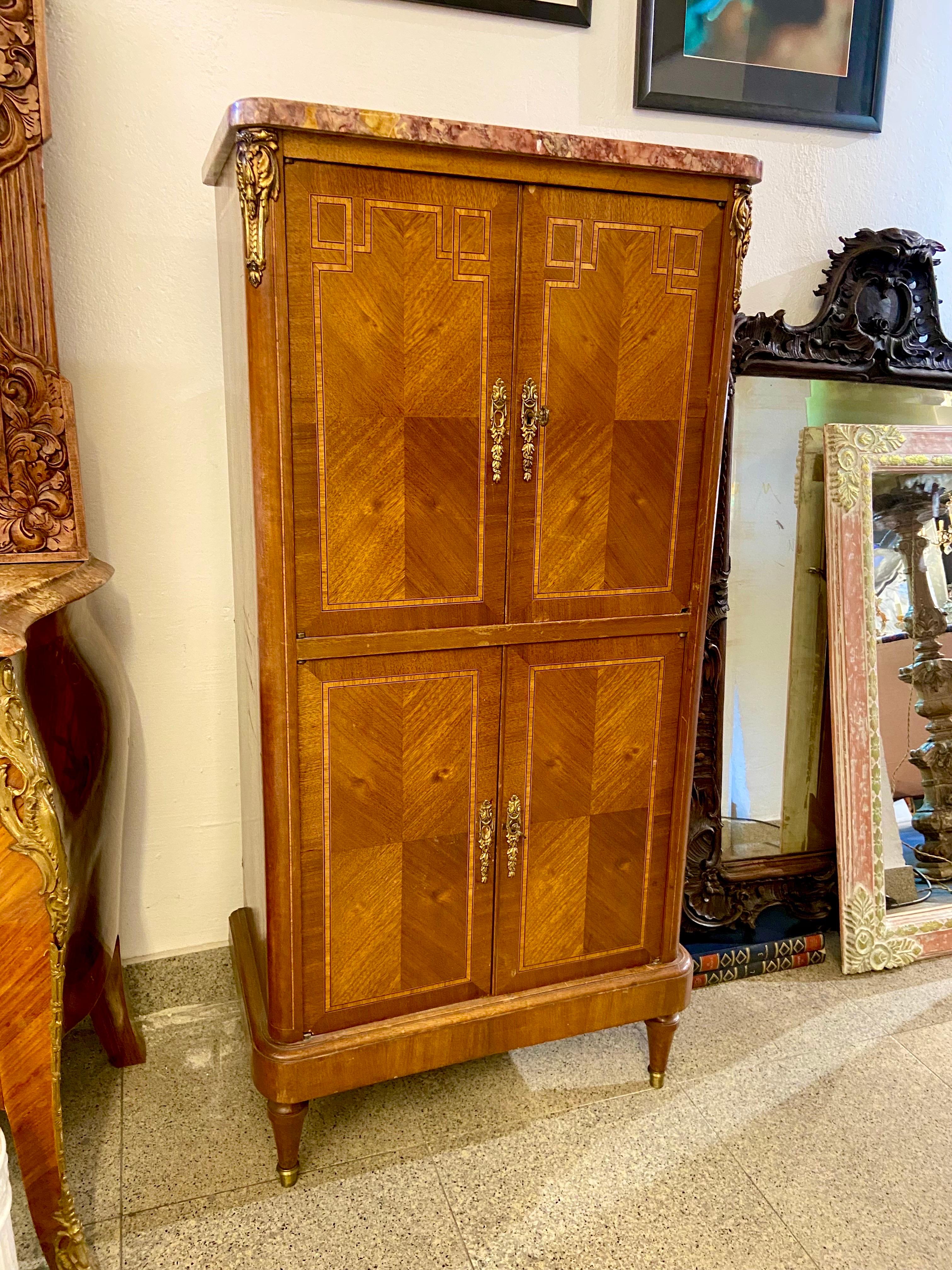 Louis XVI 19th Century French Marble Top Inlaid Mahogany Cabinet or Dry Bar For Sale