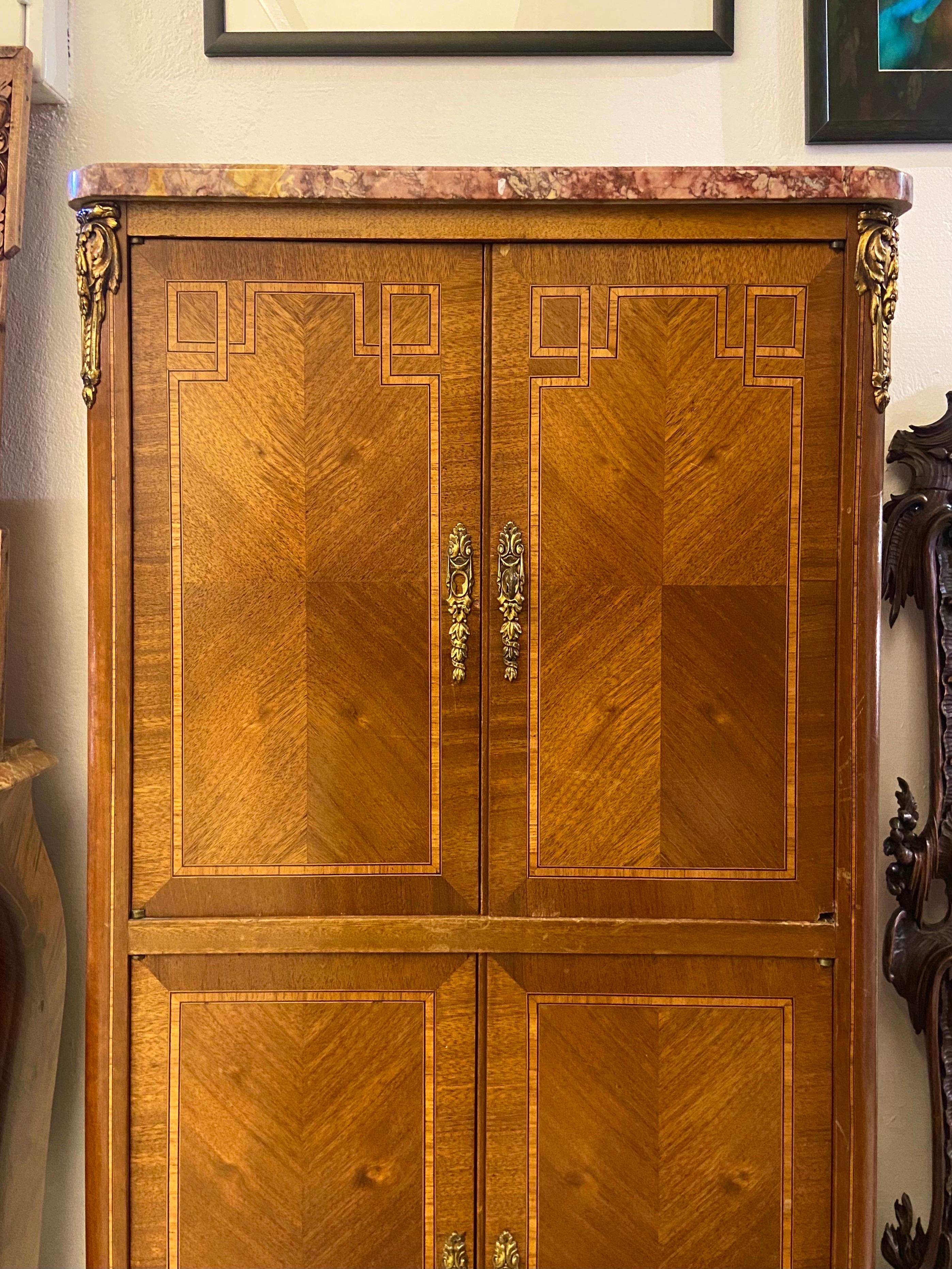 Hand-Carved 19th Century French Marble Top Inlaid Mahogany Cabinet or Dry Bar For Sale