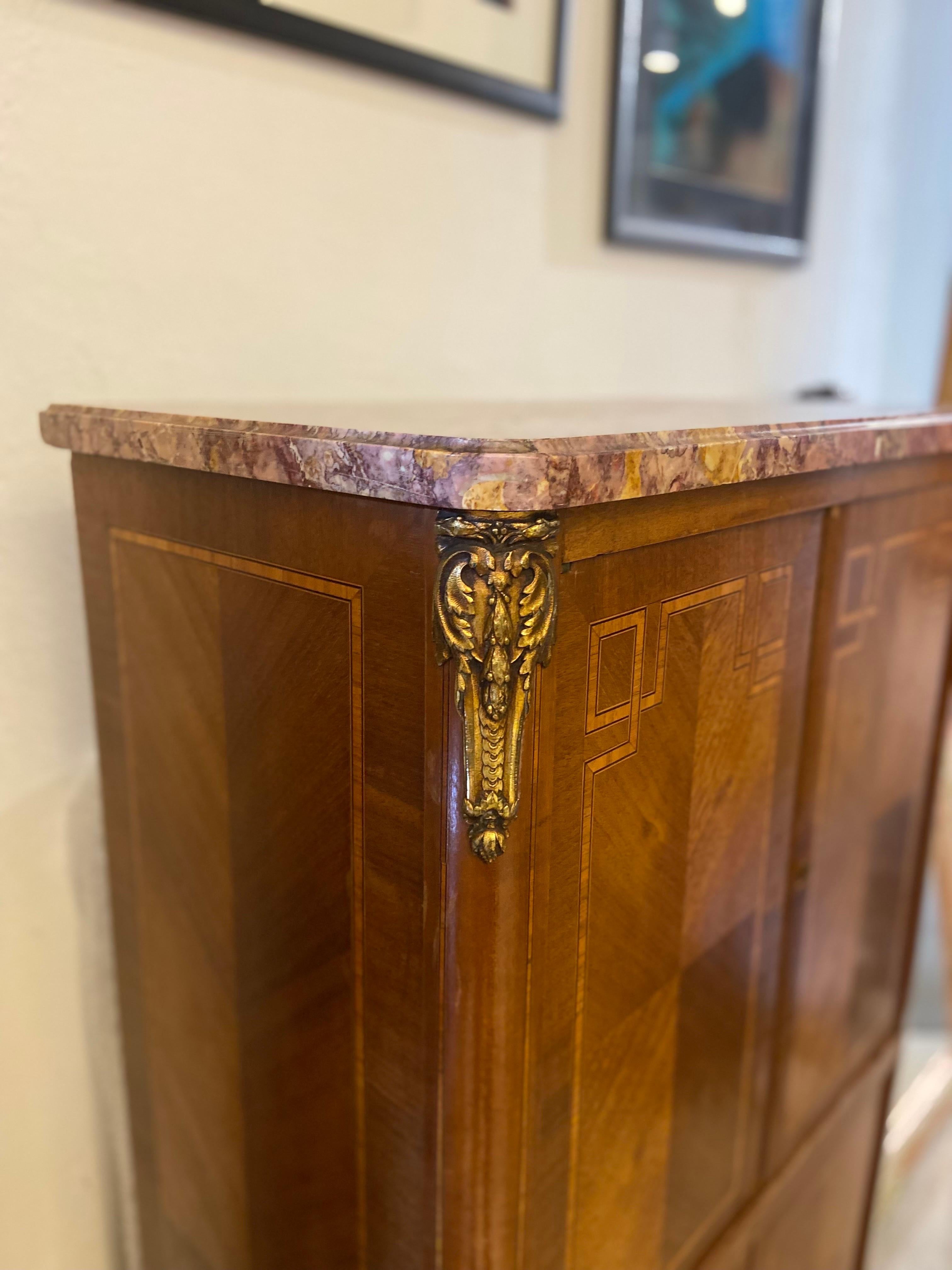 19th Century French Marble Top Inlaid Mahogany Cabinet or Dry Bar For Sale 2