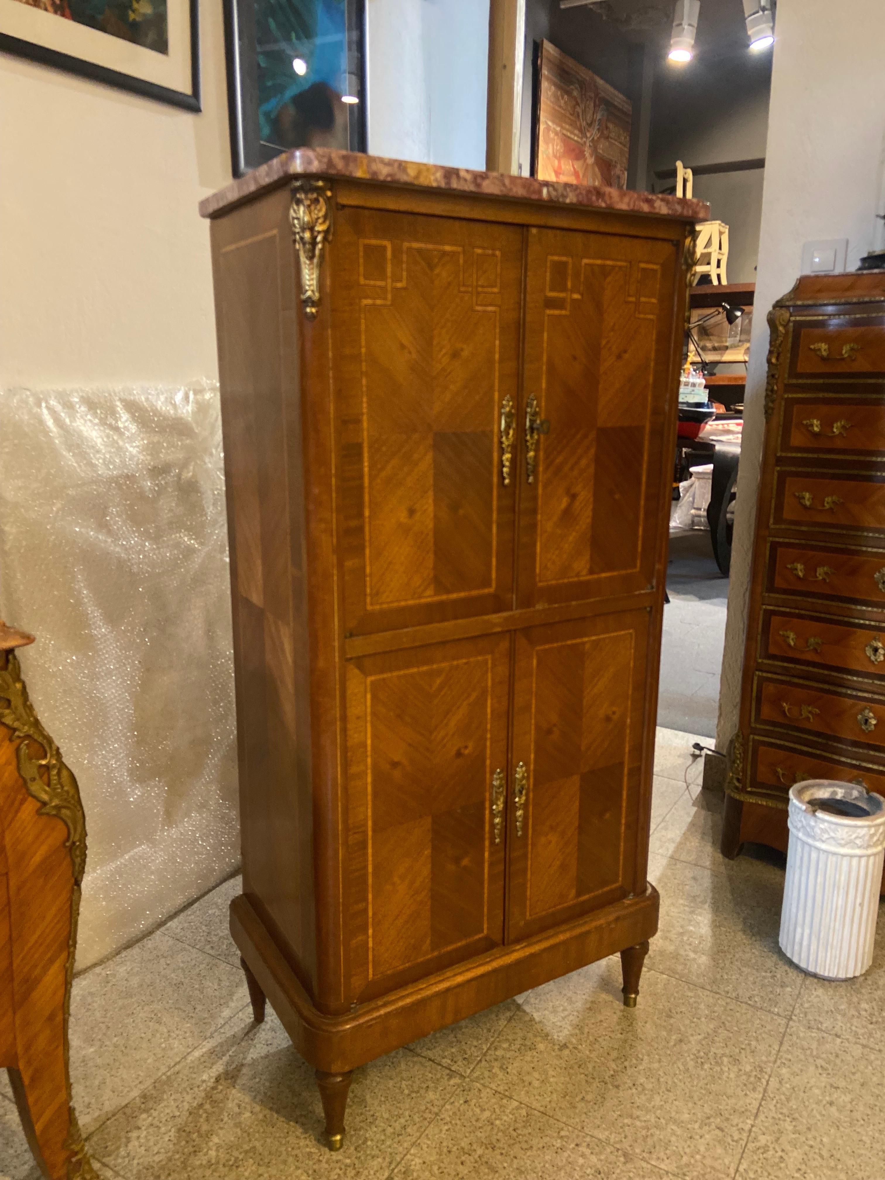 19th Century French Marble Top Inlaid Mahogany Cabinet or Dry Bar For Sale 4