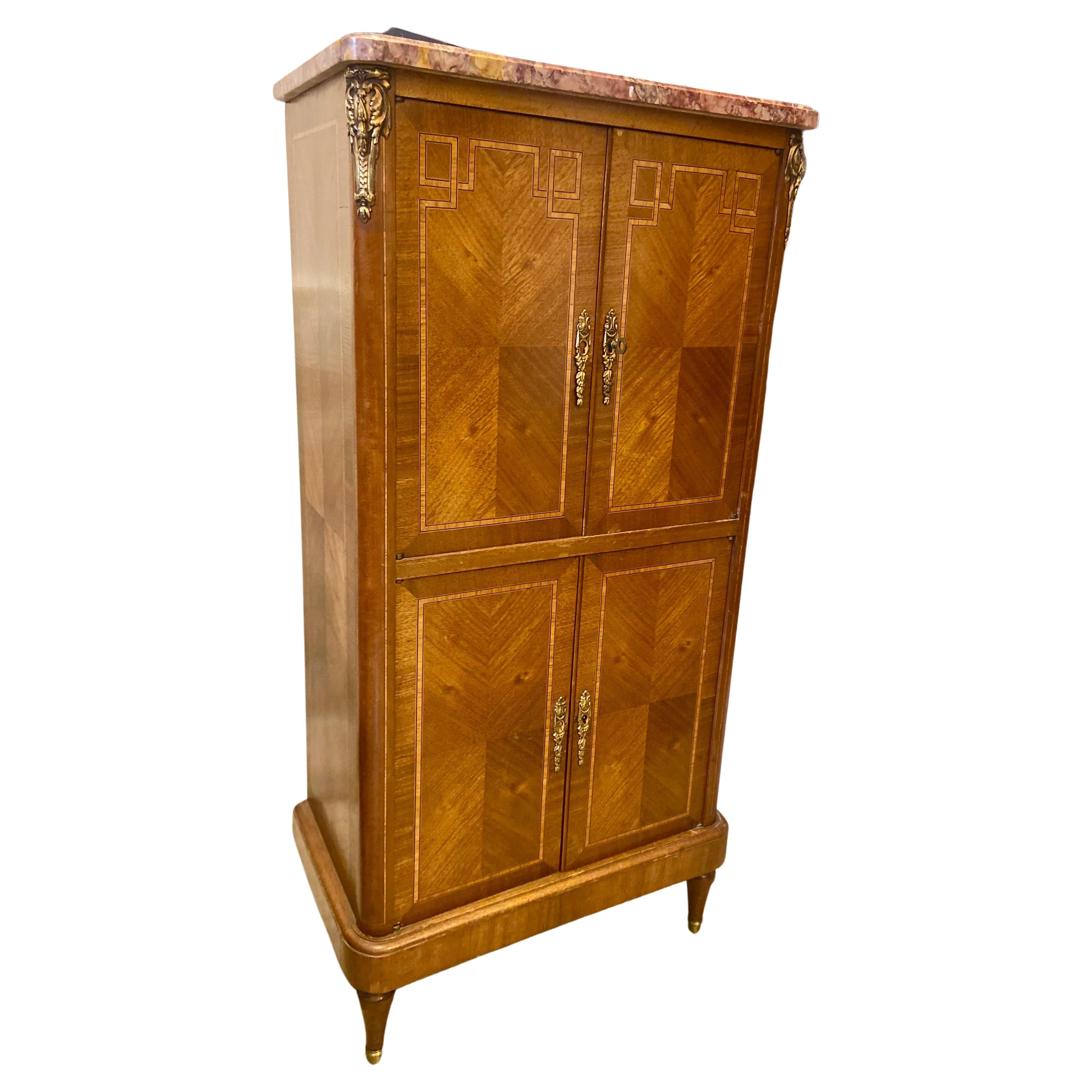 19th Century French Marble Top Inlaid Mahogany Cabinet or Dry Bar For Sale