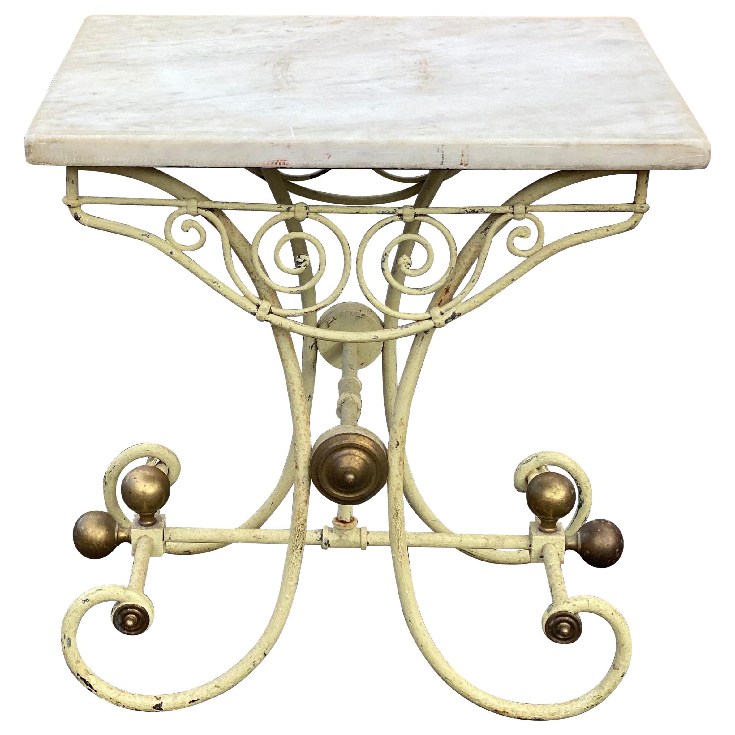 19th Century French Marble-Top Iron and Brass Pastry Table
