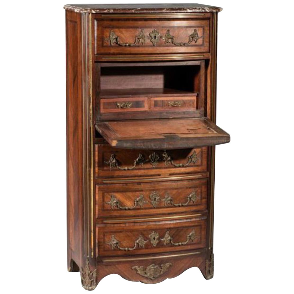 Siglo XIX Secretaire francés con tapa de mármol Decoración en bronce Periodo Napoleón III
