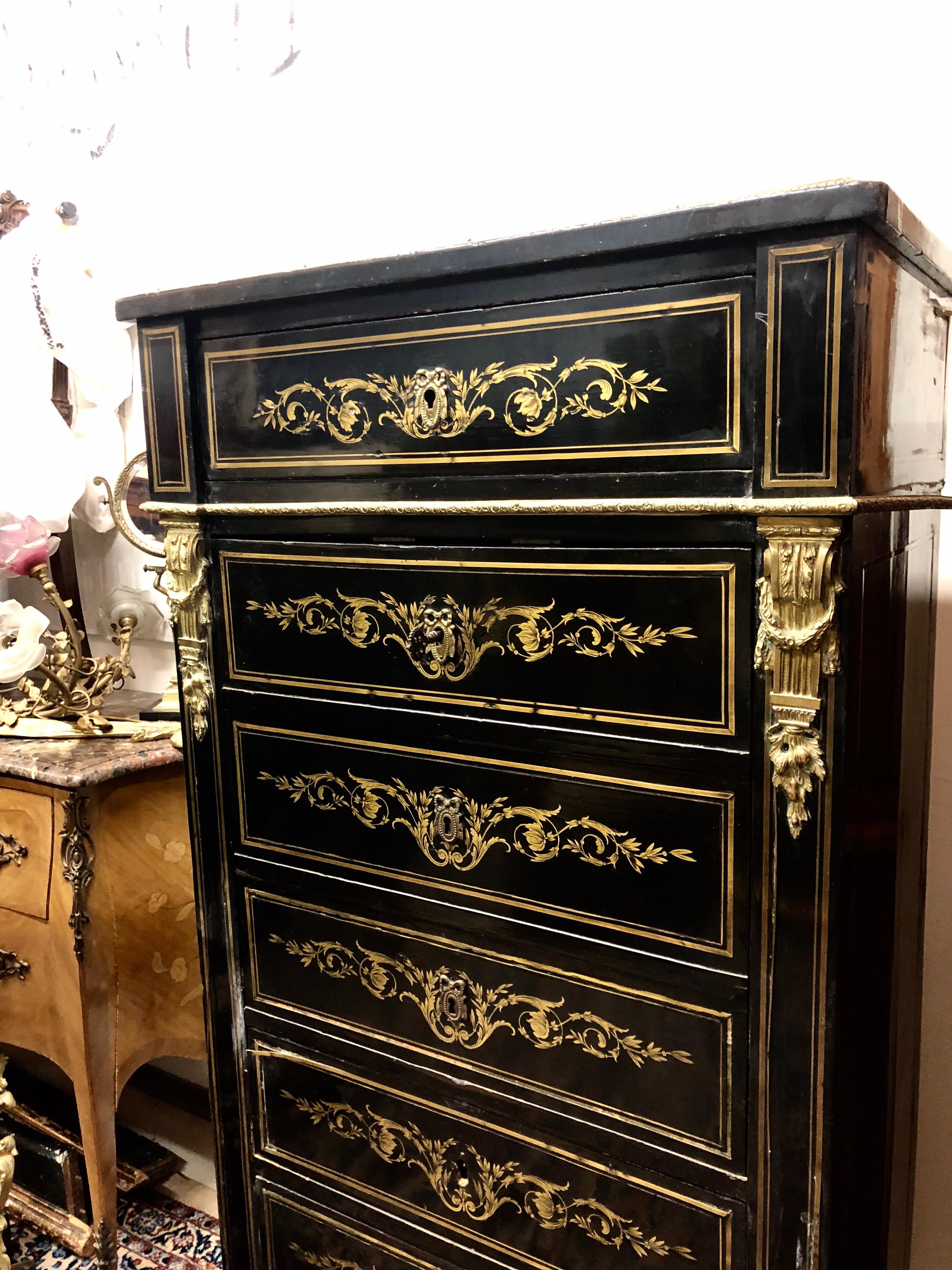 19th Century French Marble-Top Secretaire in Blackened Wood Napoleon III Period In Good Condition For Sale In Sofia, BG
