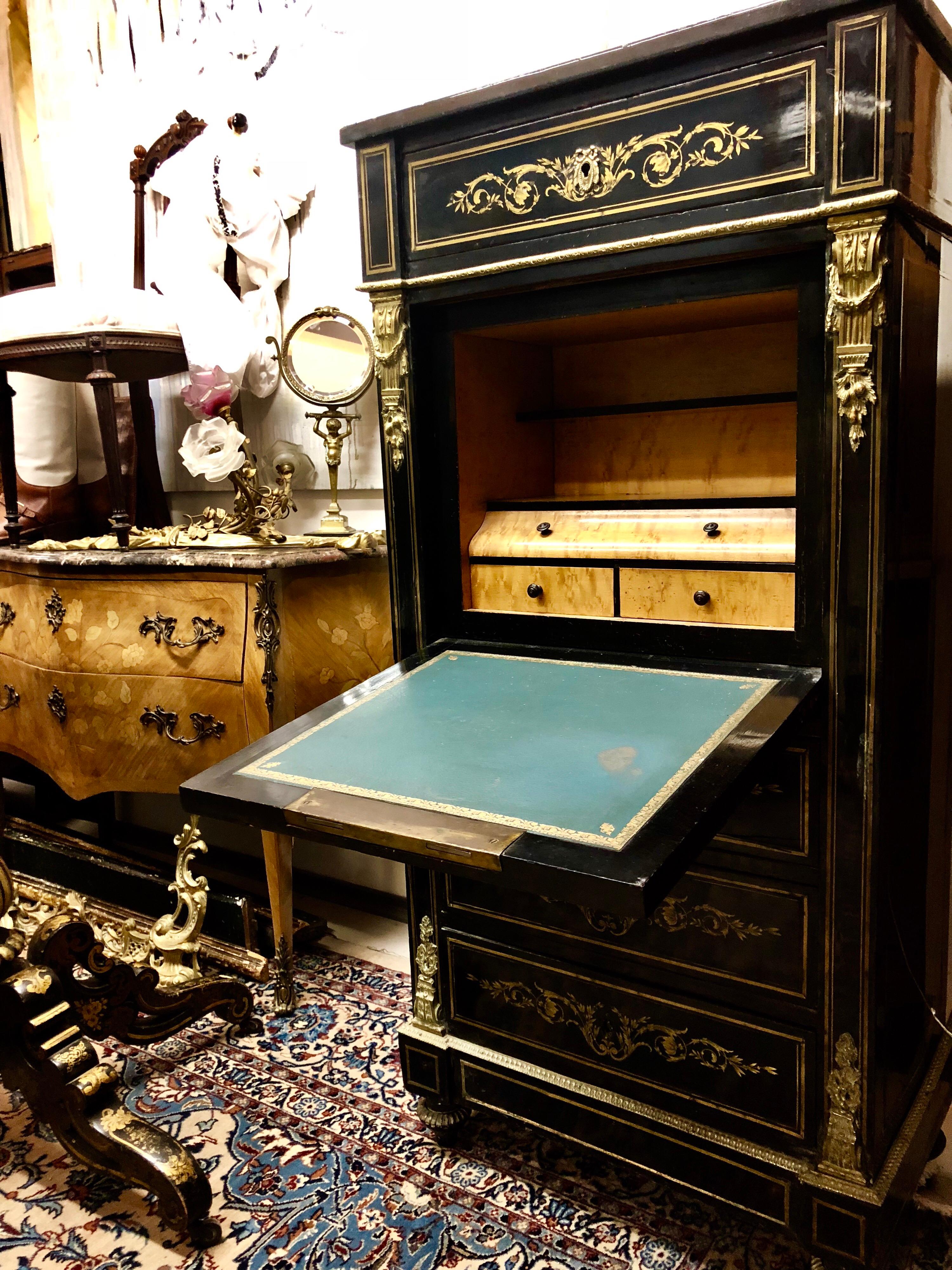 19th Century French Marble-Top Secretaire in Blackened Wood Napoleon III Period For Sale 1
