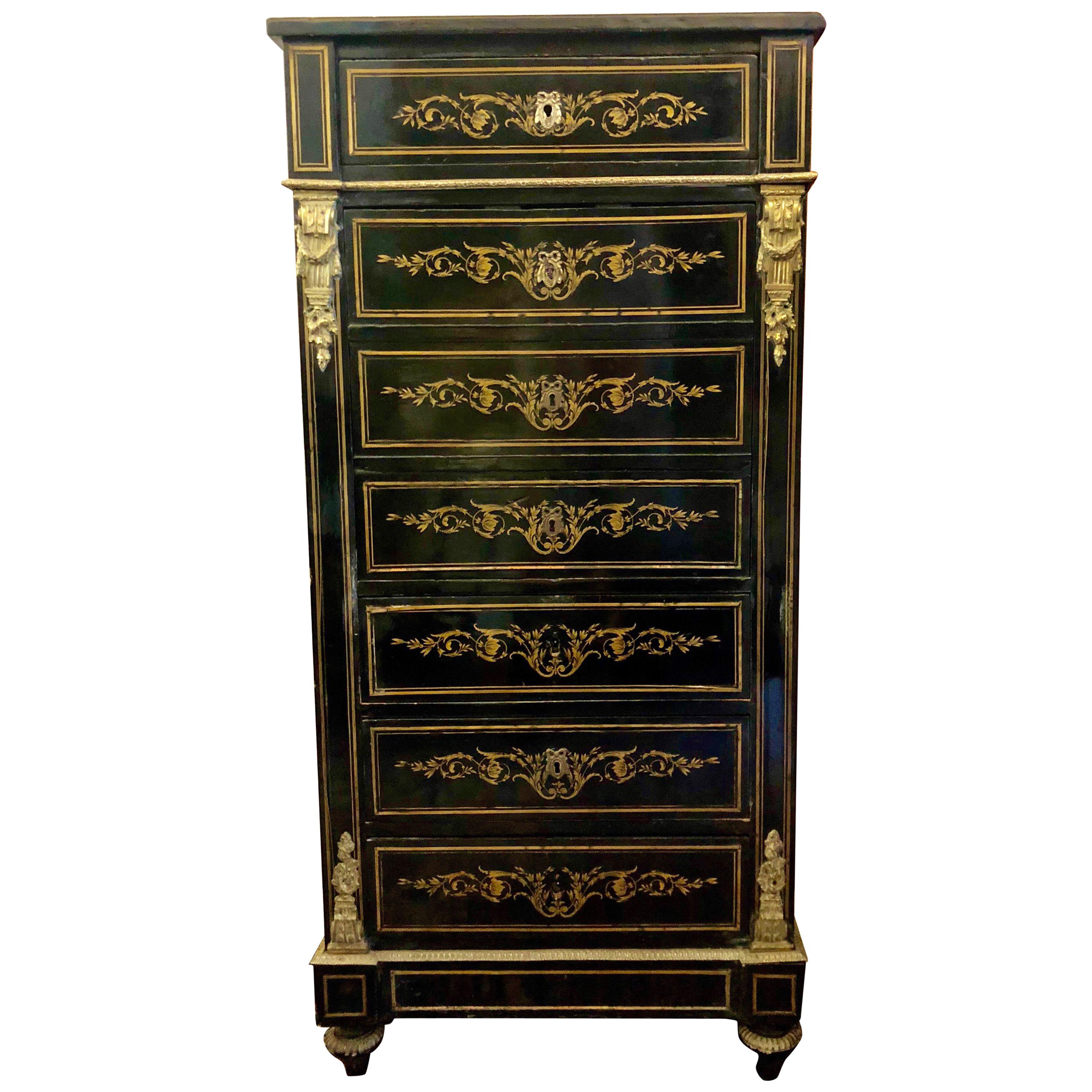 19th Century French Marble-Top Secretaire in Blackened Wood Napoleon III Period For Sale