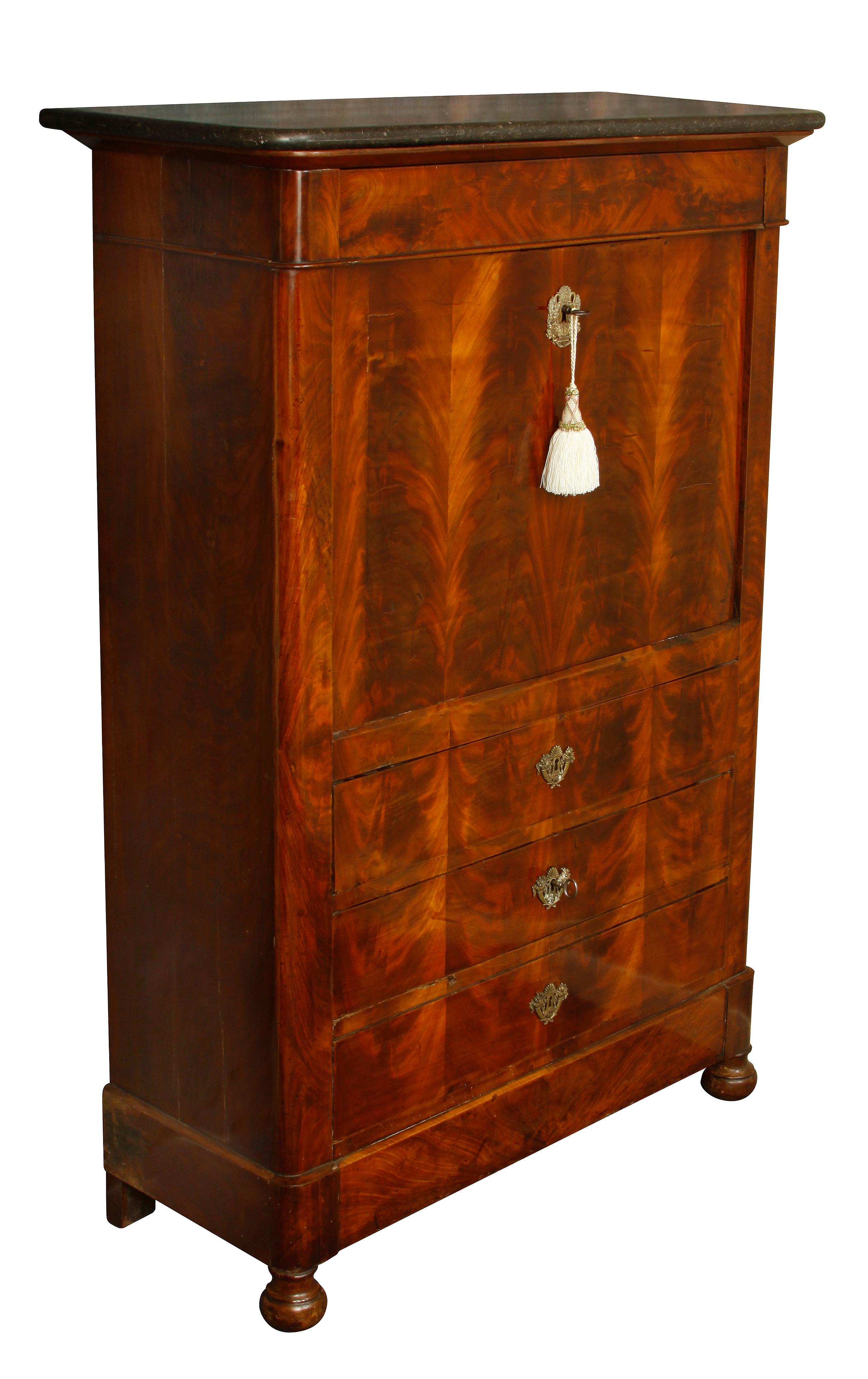 French marble top burl wood secretary, 19th century, with ormolu mounts and round feet. Fall front desk reveals leather top writing surface, shelf and multiple drawers.