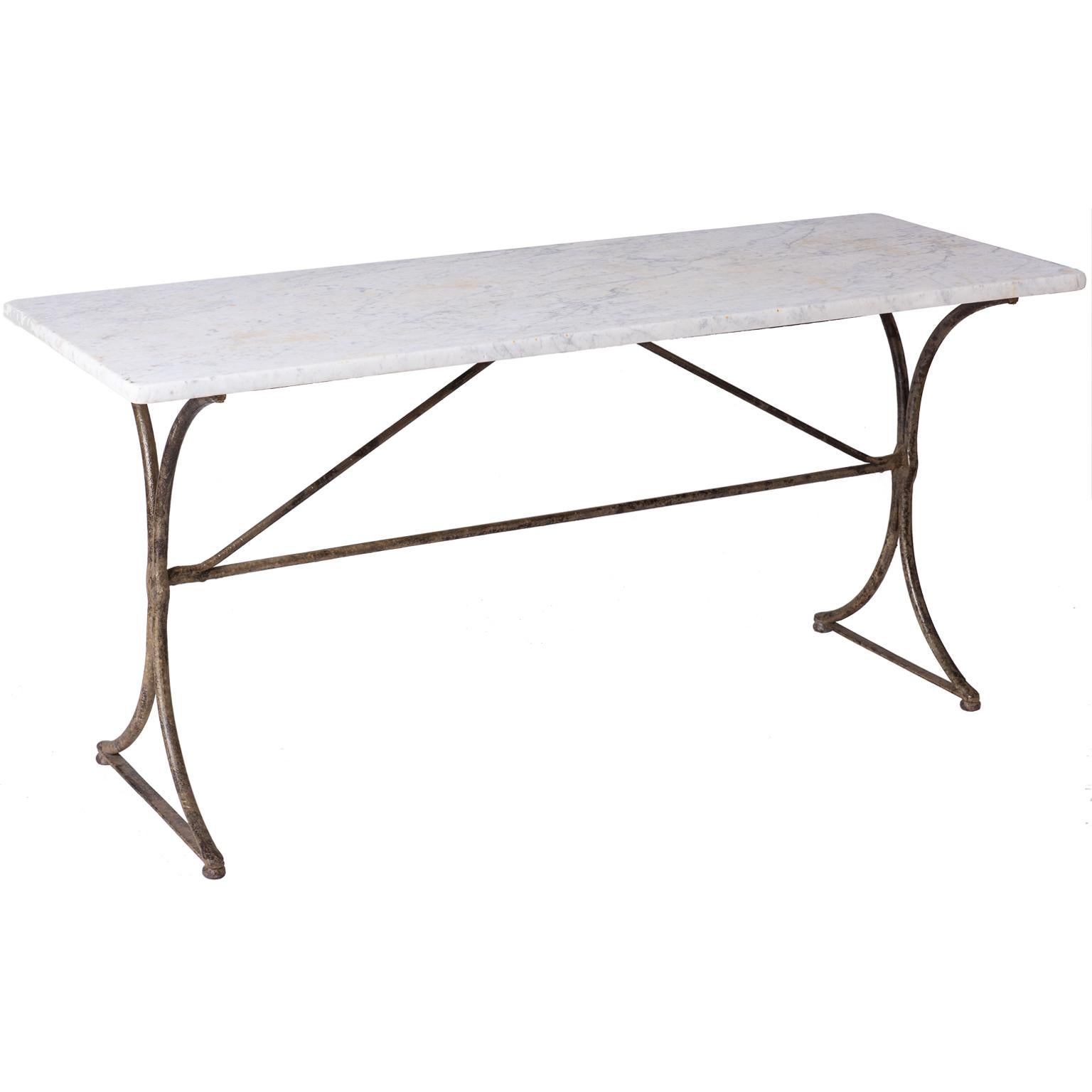 19th Century French Marble Top Table with Handwrought Iron Base