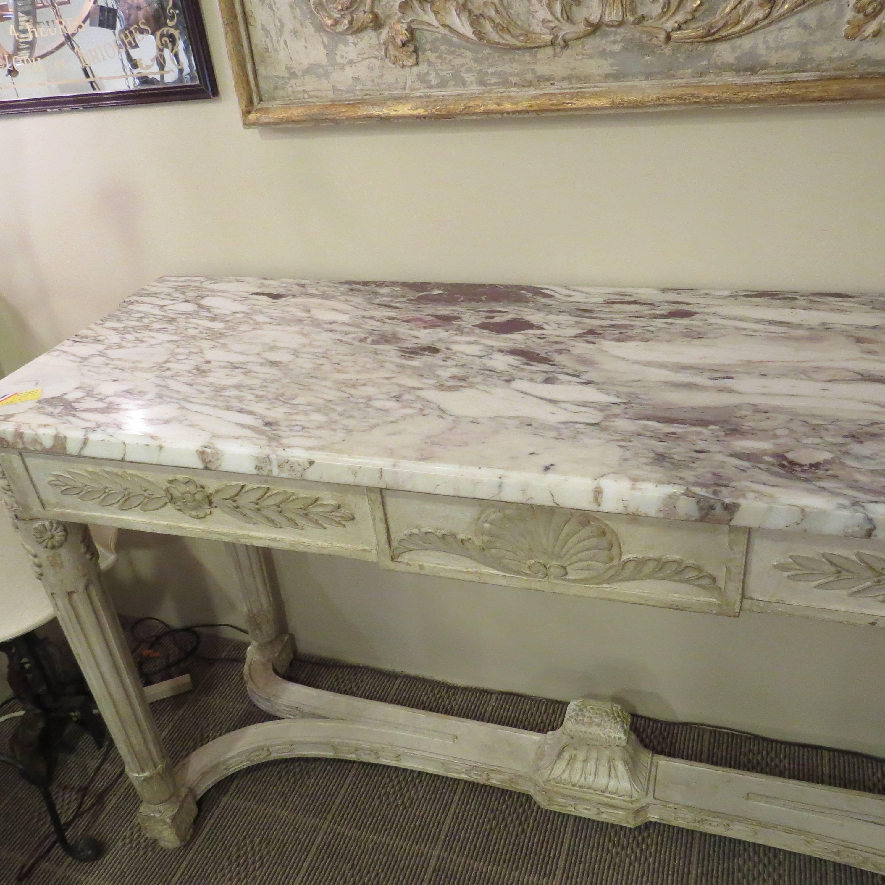 Carved 19th Century French Marble-Top, Painted Console Table For Sale