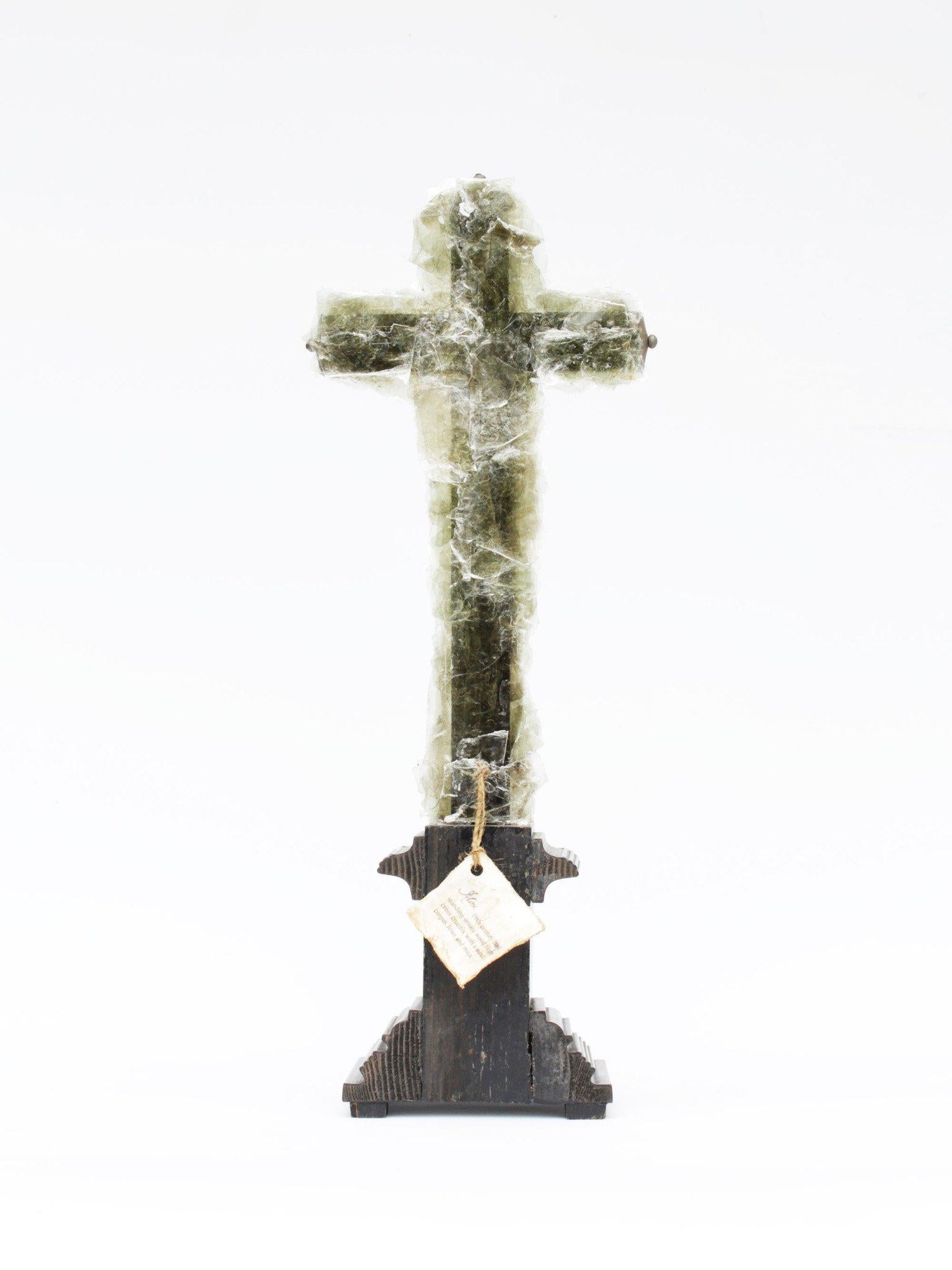 19th century French marbleized painted crucifix with green mica. 

The crucifix originally came from a collector in France. The crucifix is painted black with green marbleized details on the base. The figure of Christ is silver along with other