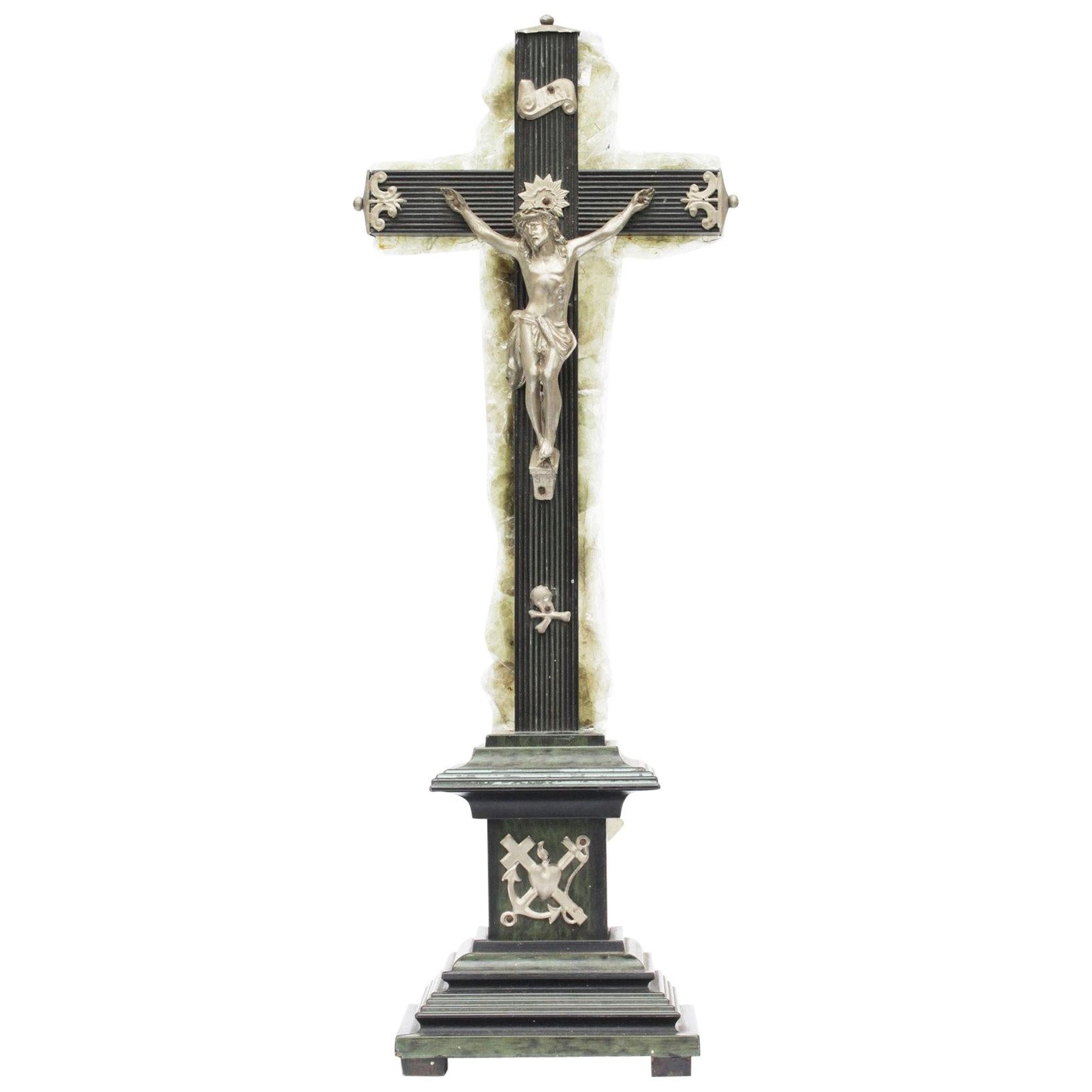 19th Century French Marbleized Painted Crucifix with Green Mica