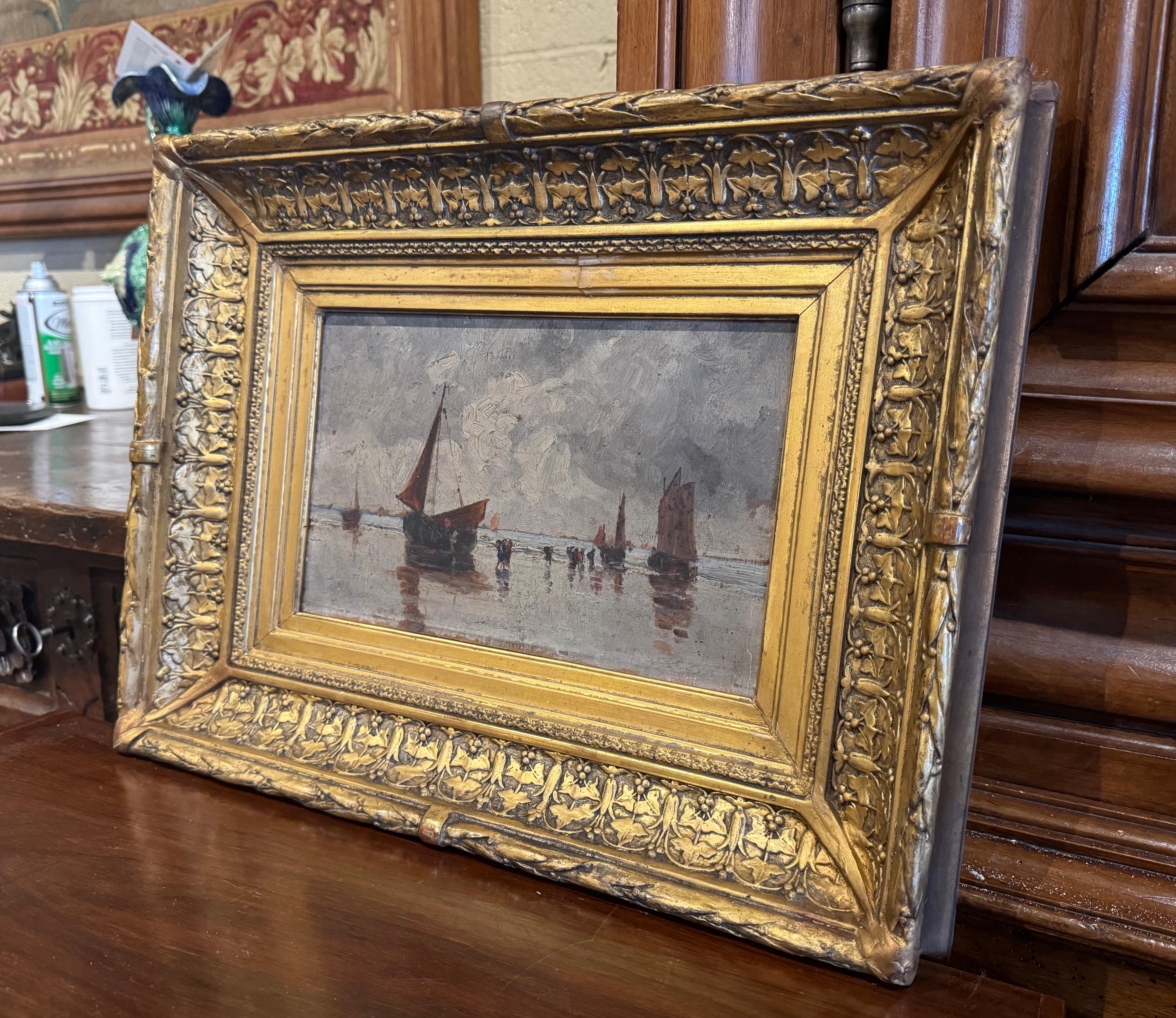 Decorate an office or study with this colorful antique painting. Crafted in France circa 1870, and set inside the original beautiful carved gilt wood frame, the artwork is panted on board. The colorful picture depicts a marine scene with sail boats
