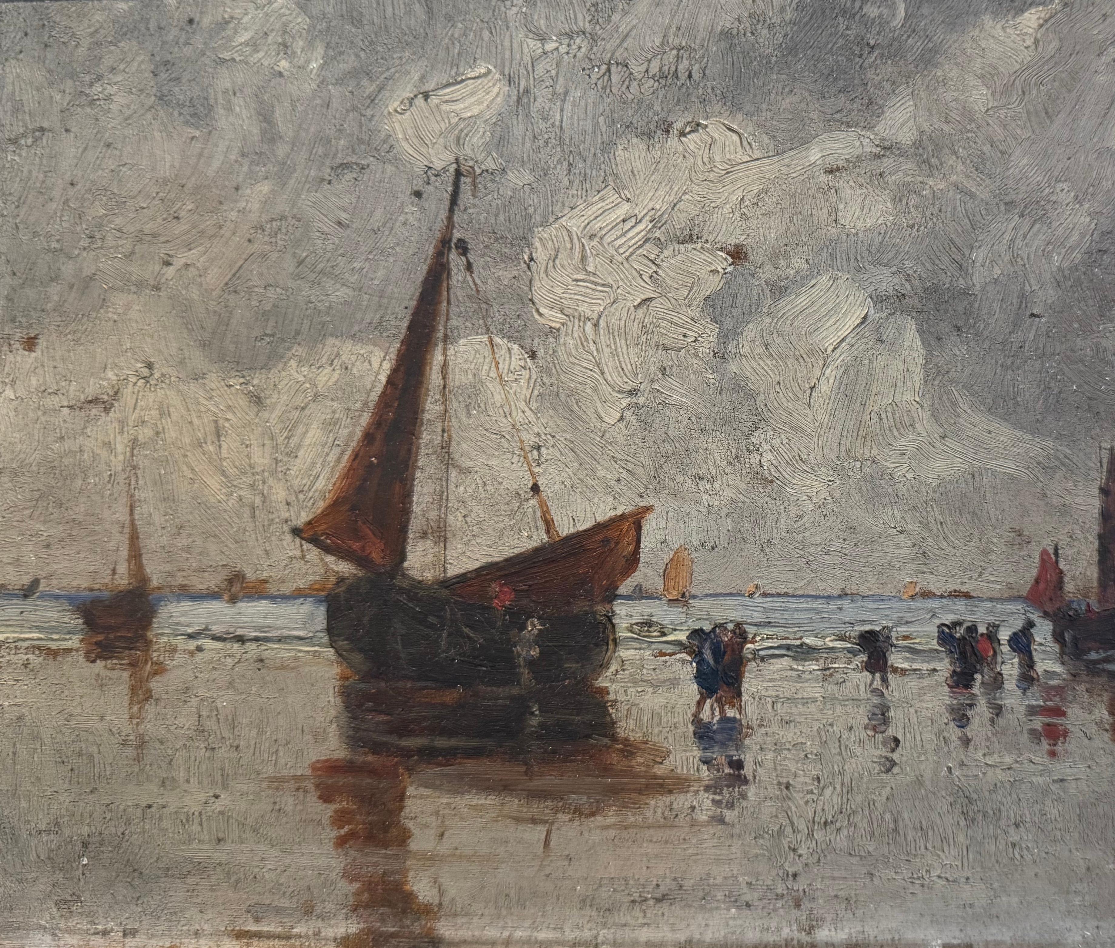 Hand-Carved 19th Century French Marine Painting on Board In Carved Gilt Frame For Sale