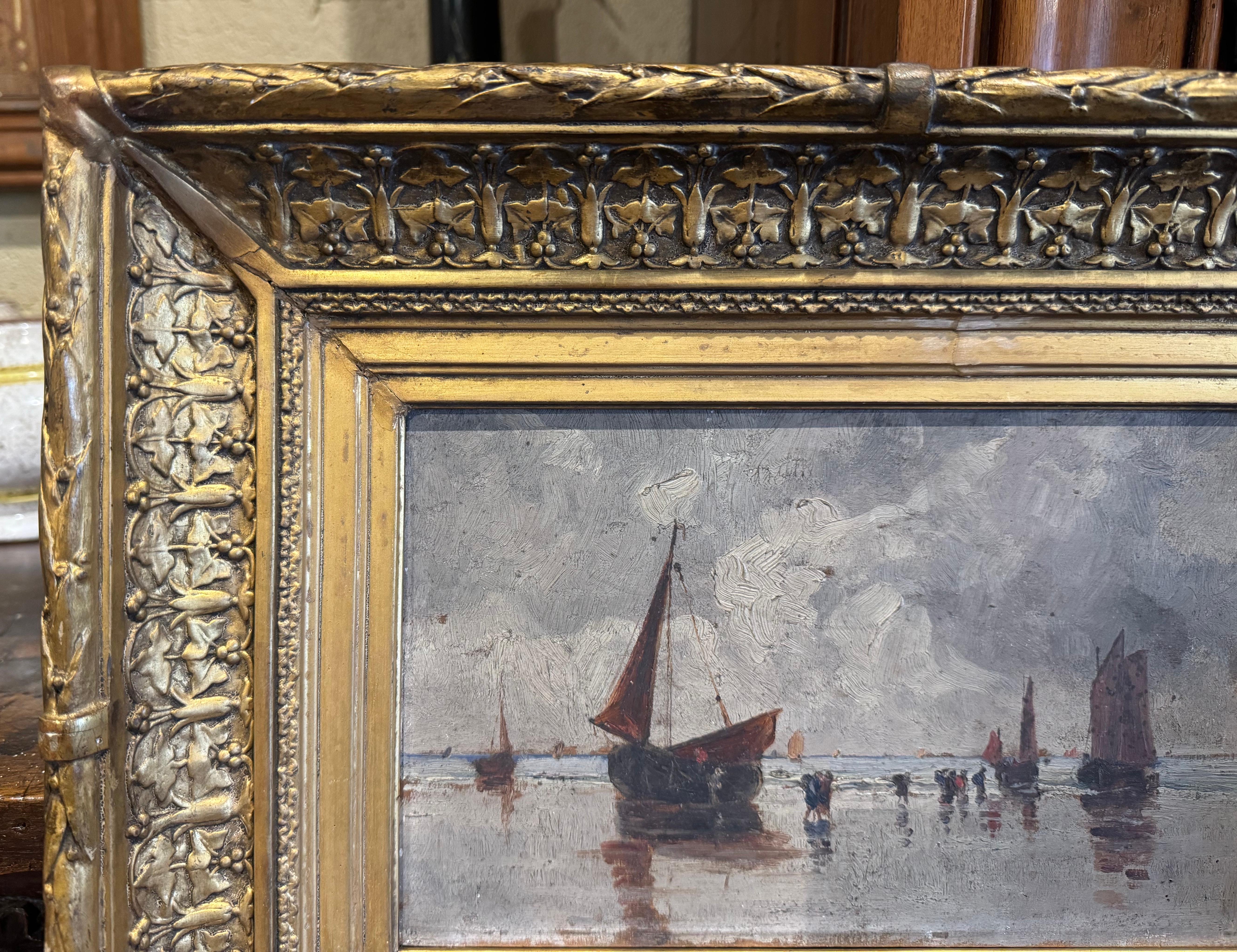 19th Century French Marine Painting on Board In Carved Gilt Frame In Excellent Condition For Sale In Dallas, TX