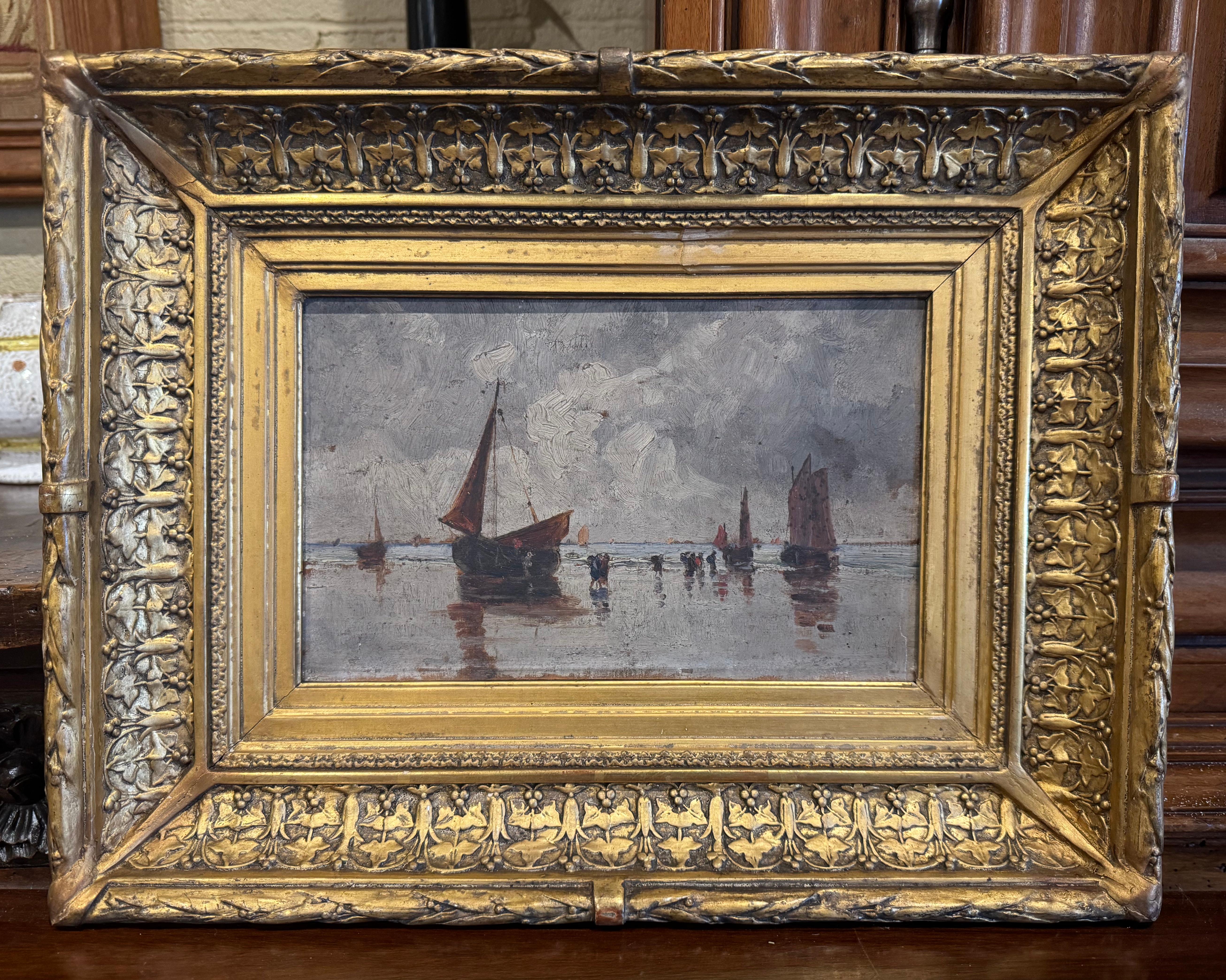 Giltwood 19th Century French Marine Painting on Board In Carved Gilt Frame For Sale