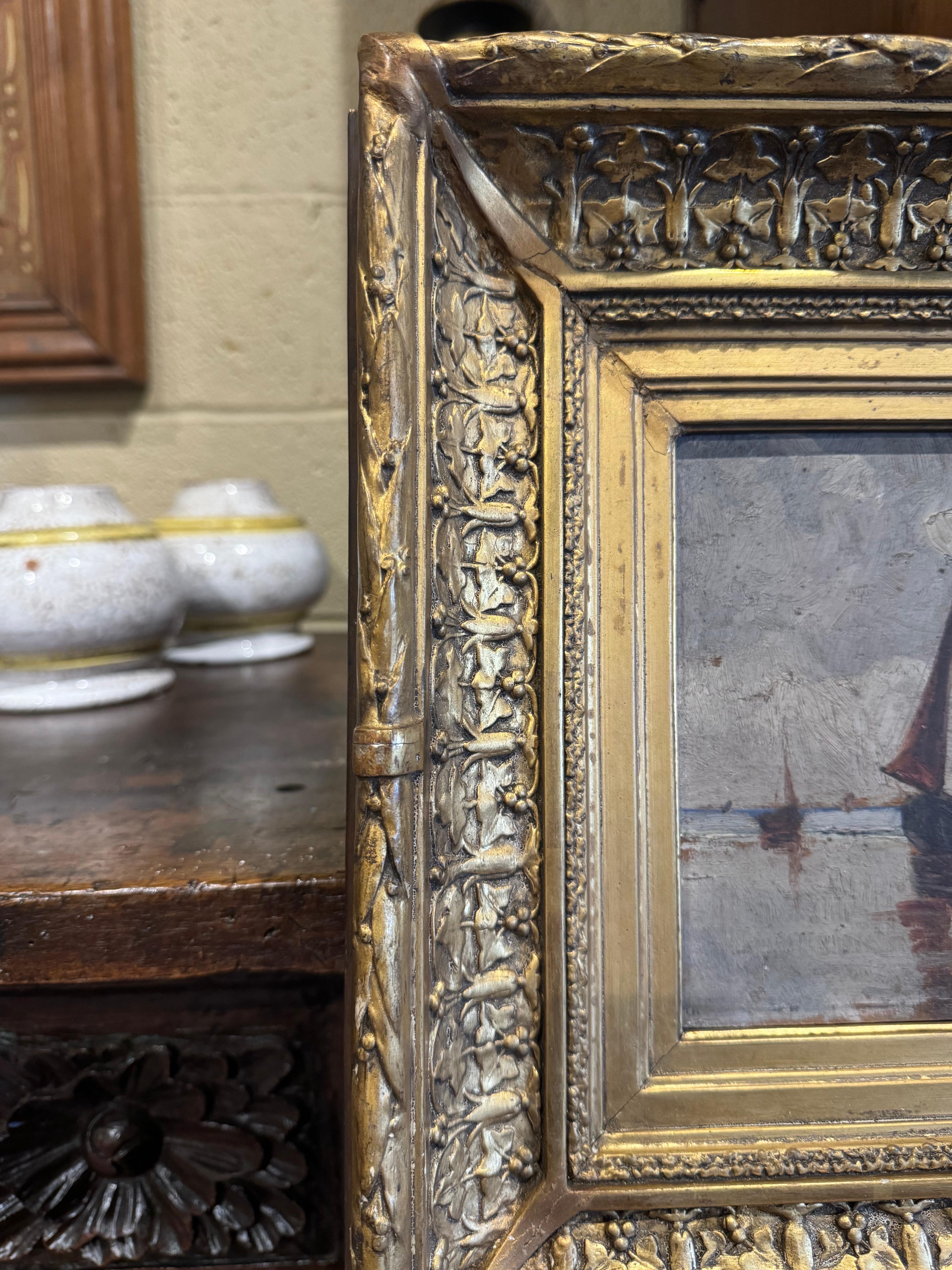 19th Century French Marine Painting on Board In Carved Gilt Frame For Sale 1