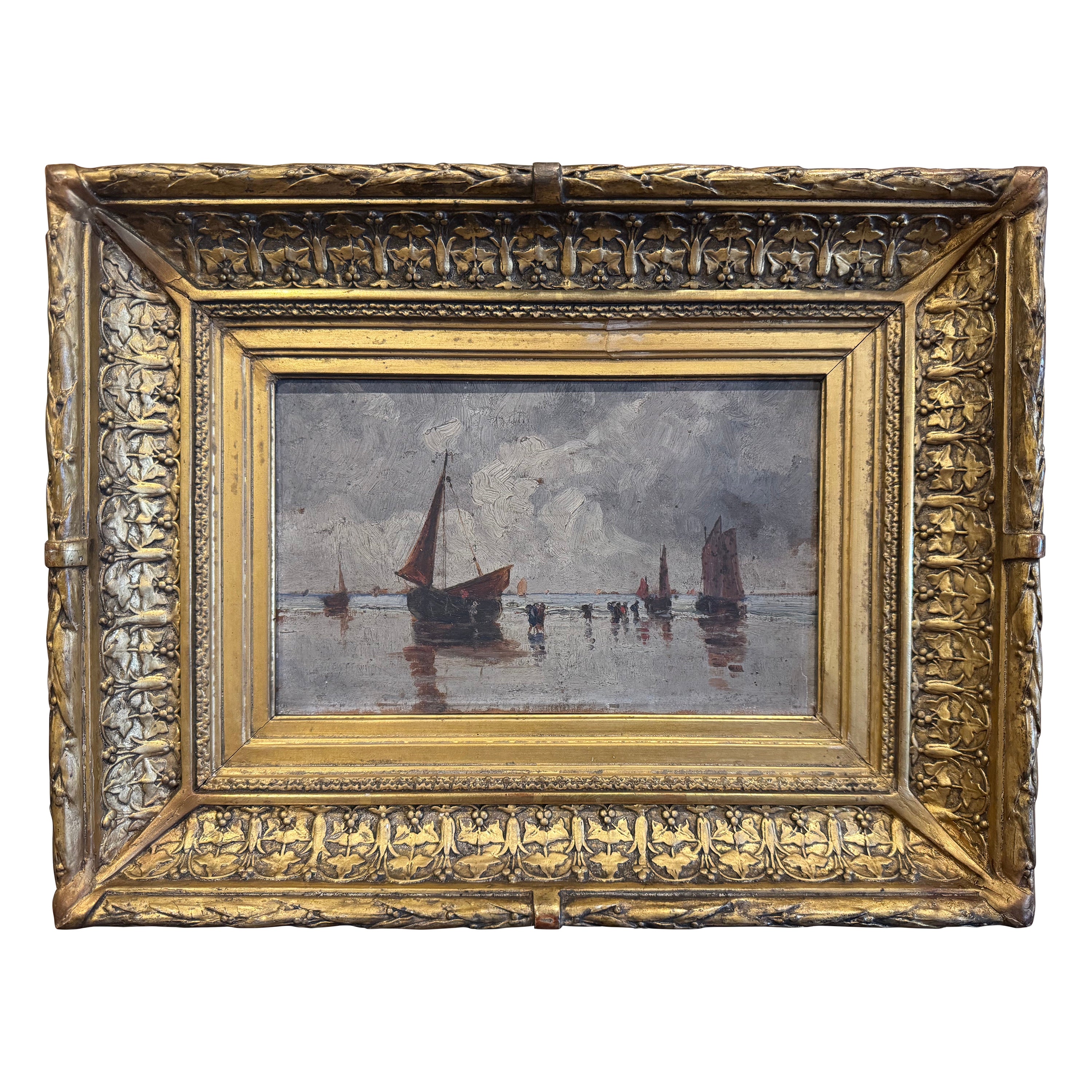 Peinture de marine française du 19ème siècle sur panneau dans un cadre sculpté et doré