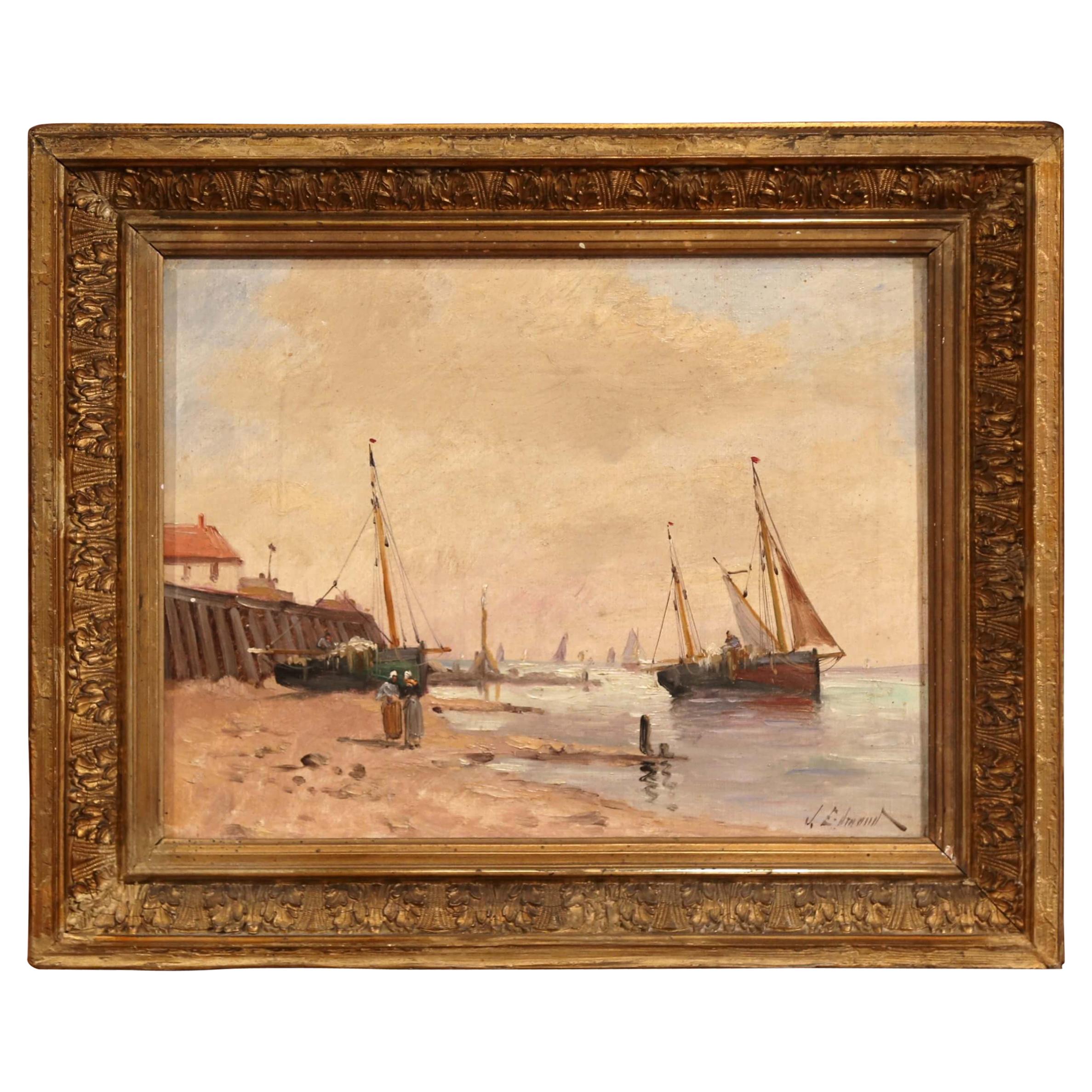 19th Century French Marine Scene Oil on Canvas Painting Signed J. Edmond
