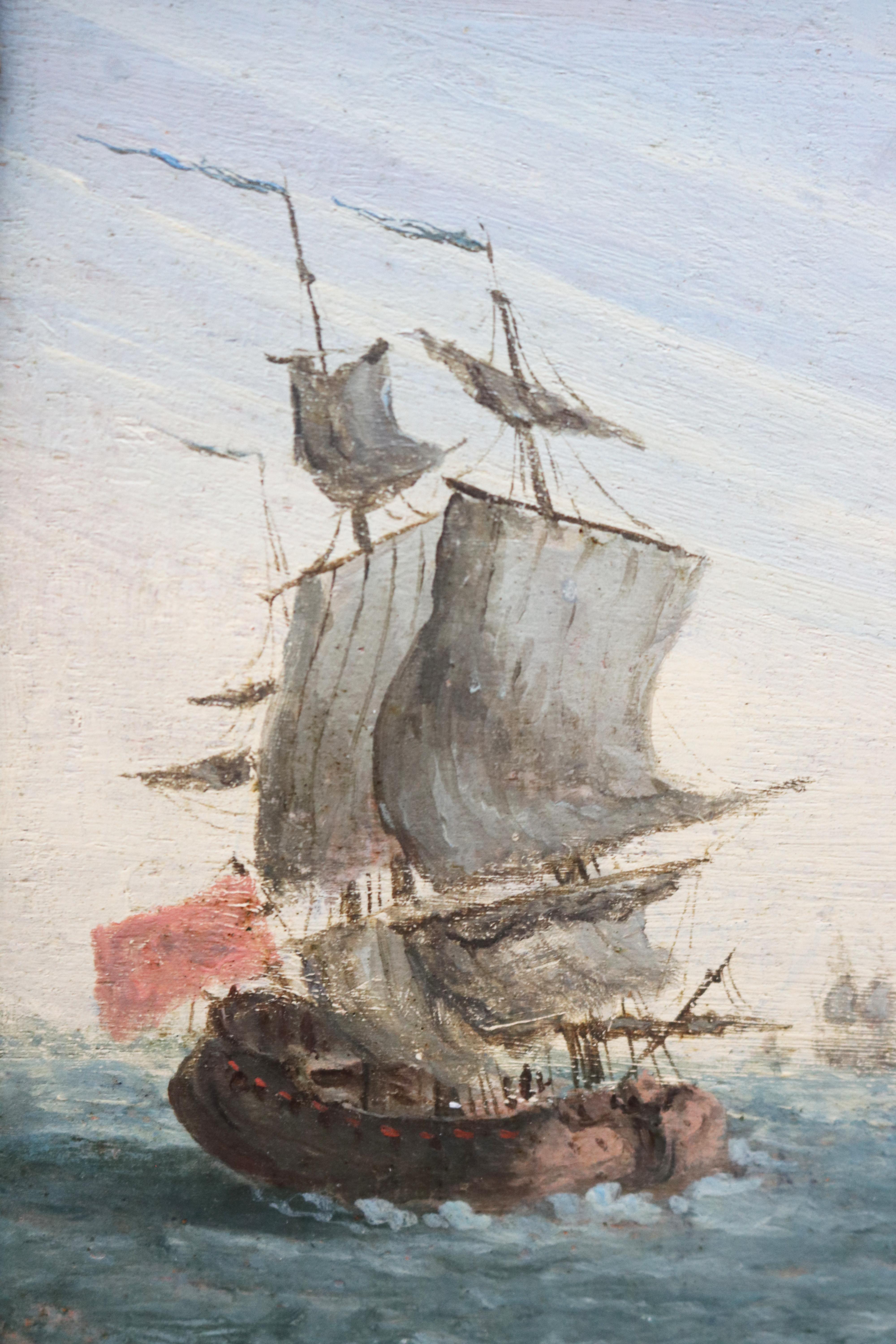 19th century French marine signed oil on wood painting with two galleons and coast fortifications. 

Dimensions with frame: 26.5 x 30cm.