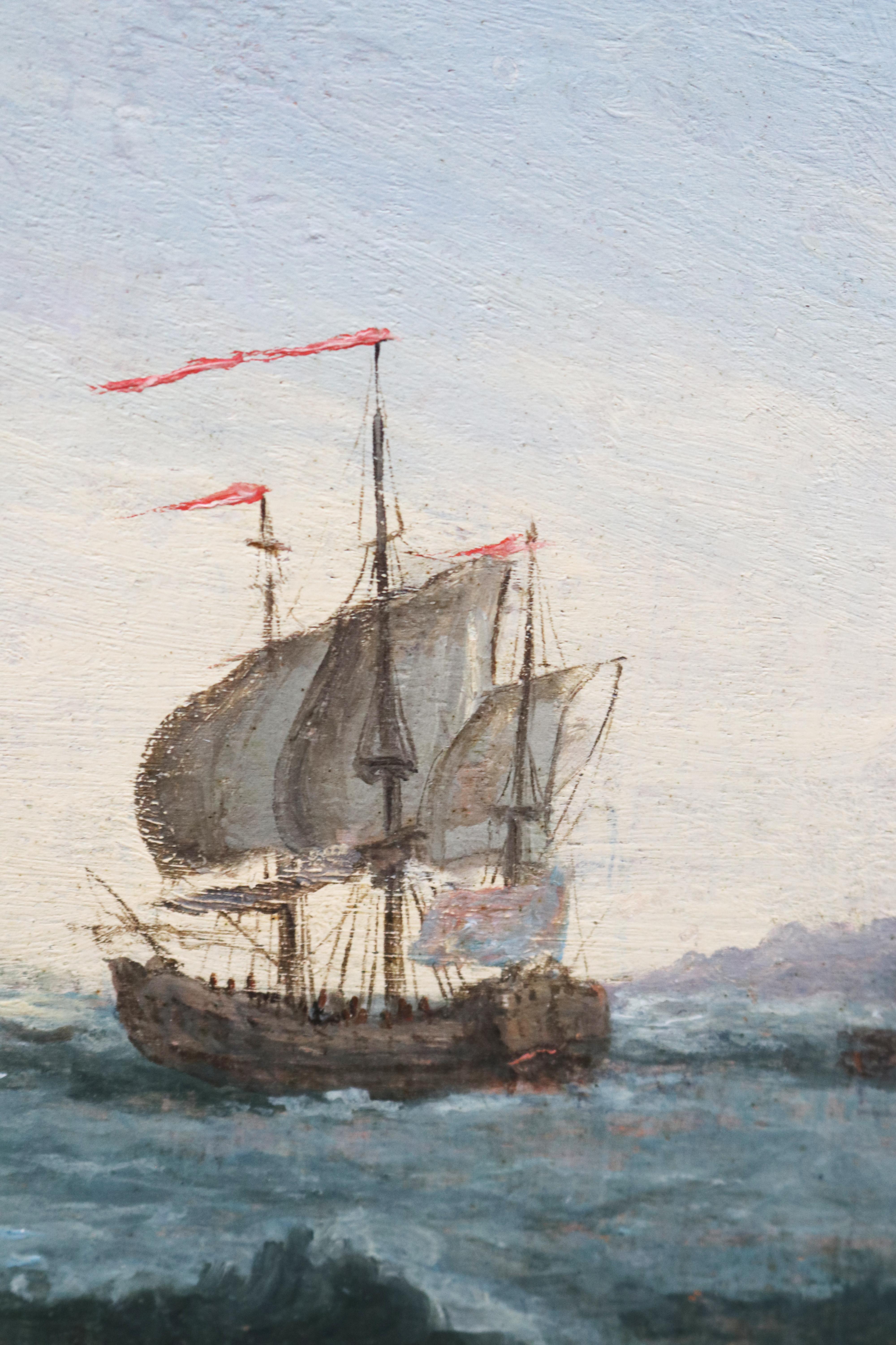 19th Century French Marine Signed Oil on Wood Painting with Two Galleons In Good Condition For Sale In Marbella, ES