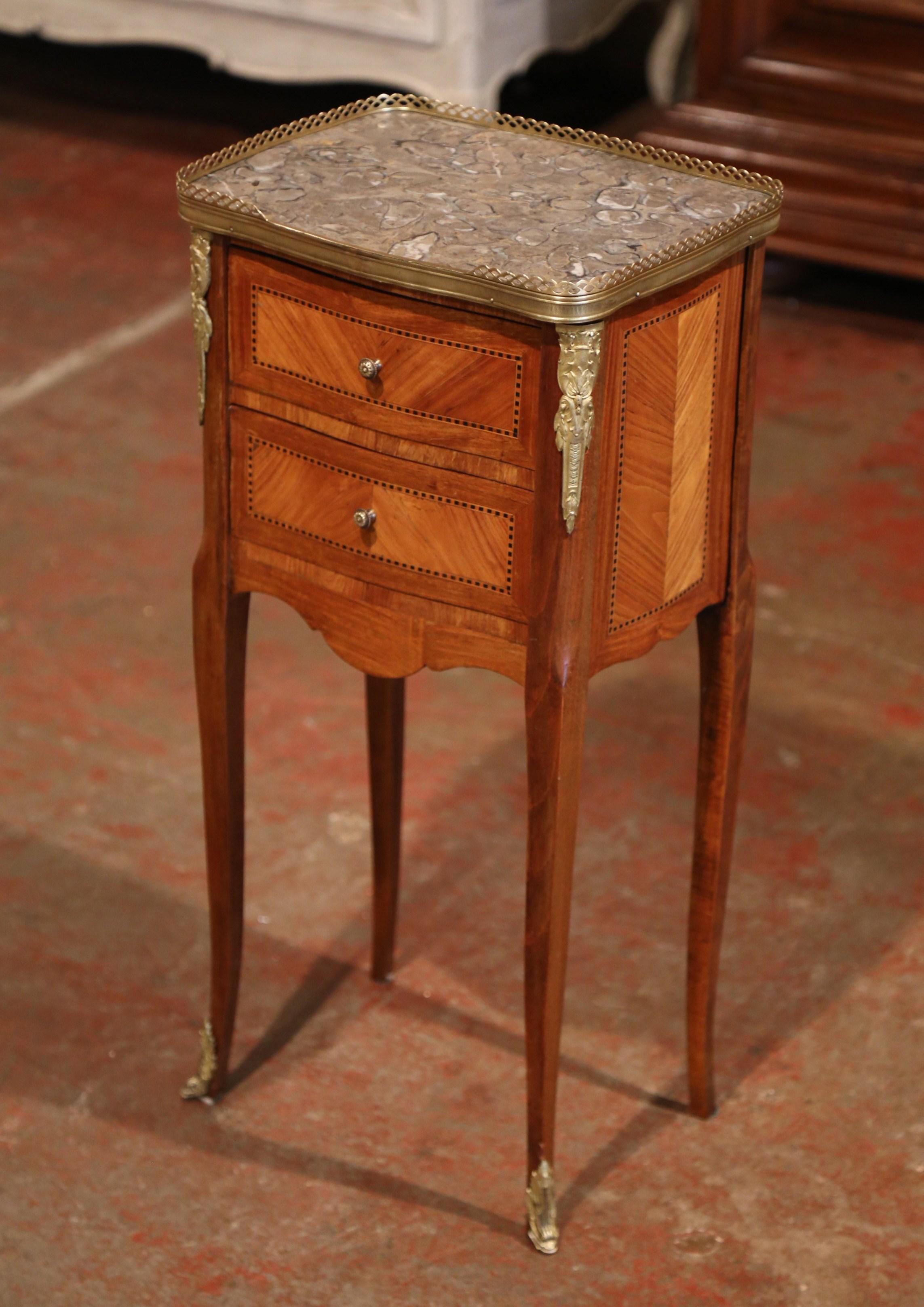 Louis XV 19th Century French Marquetry and Bronze Walnut Nightstand with Grey Marble Top