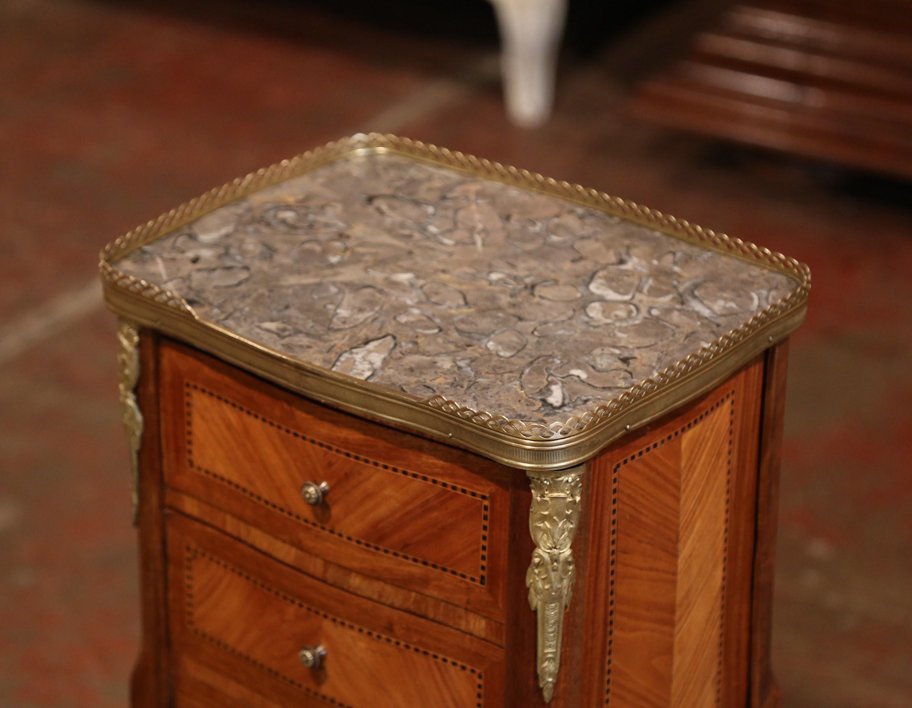 Patinated 19th Century French Marquetry and Bronze Walnut Nightstand with Grey Marble Top
