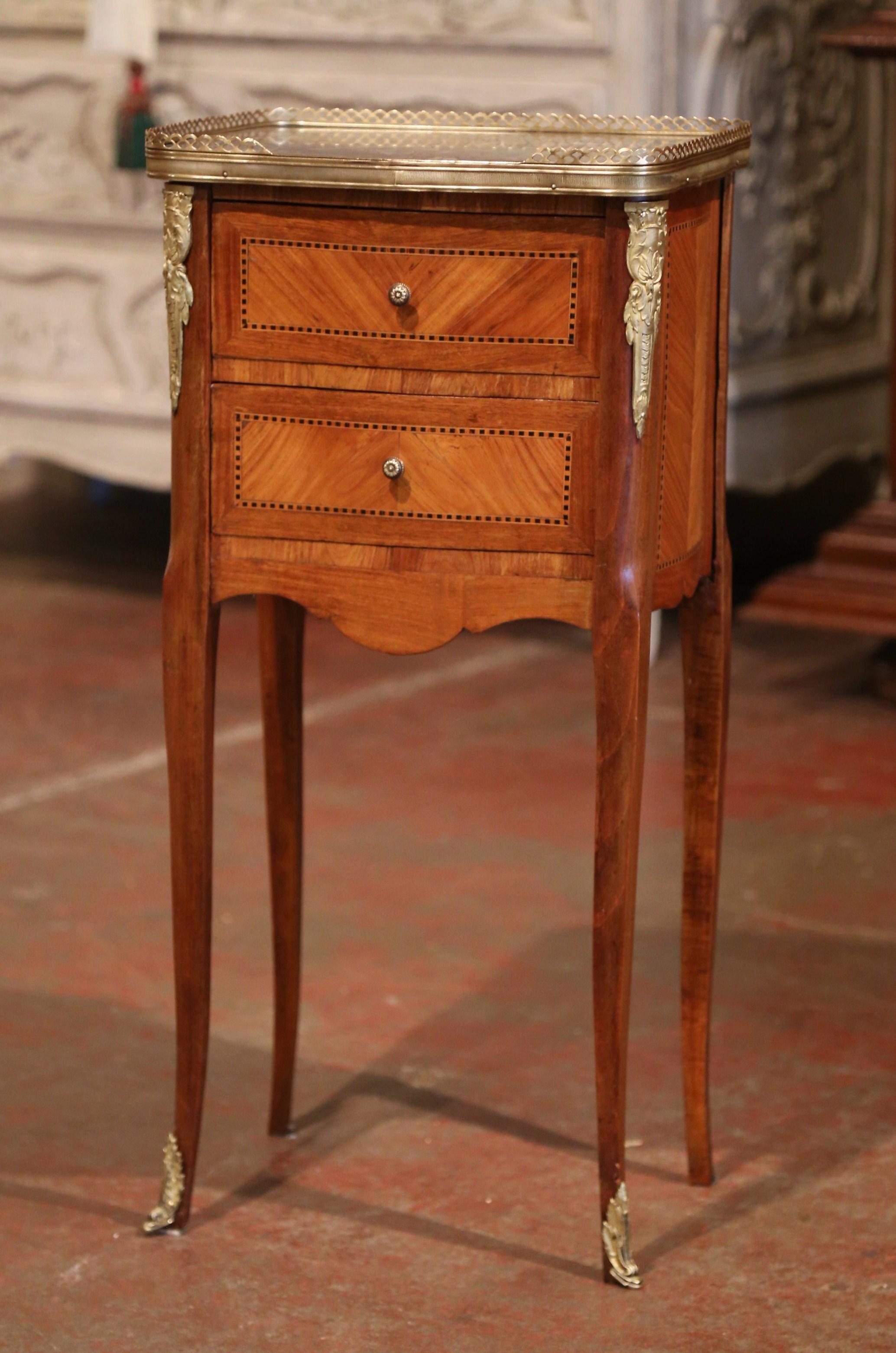 19th Century French Marquetry and Bronze Walnut Nightstand with Grey Marble Top In Excellent Condition In Dallas, TX
