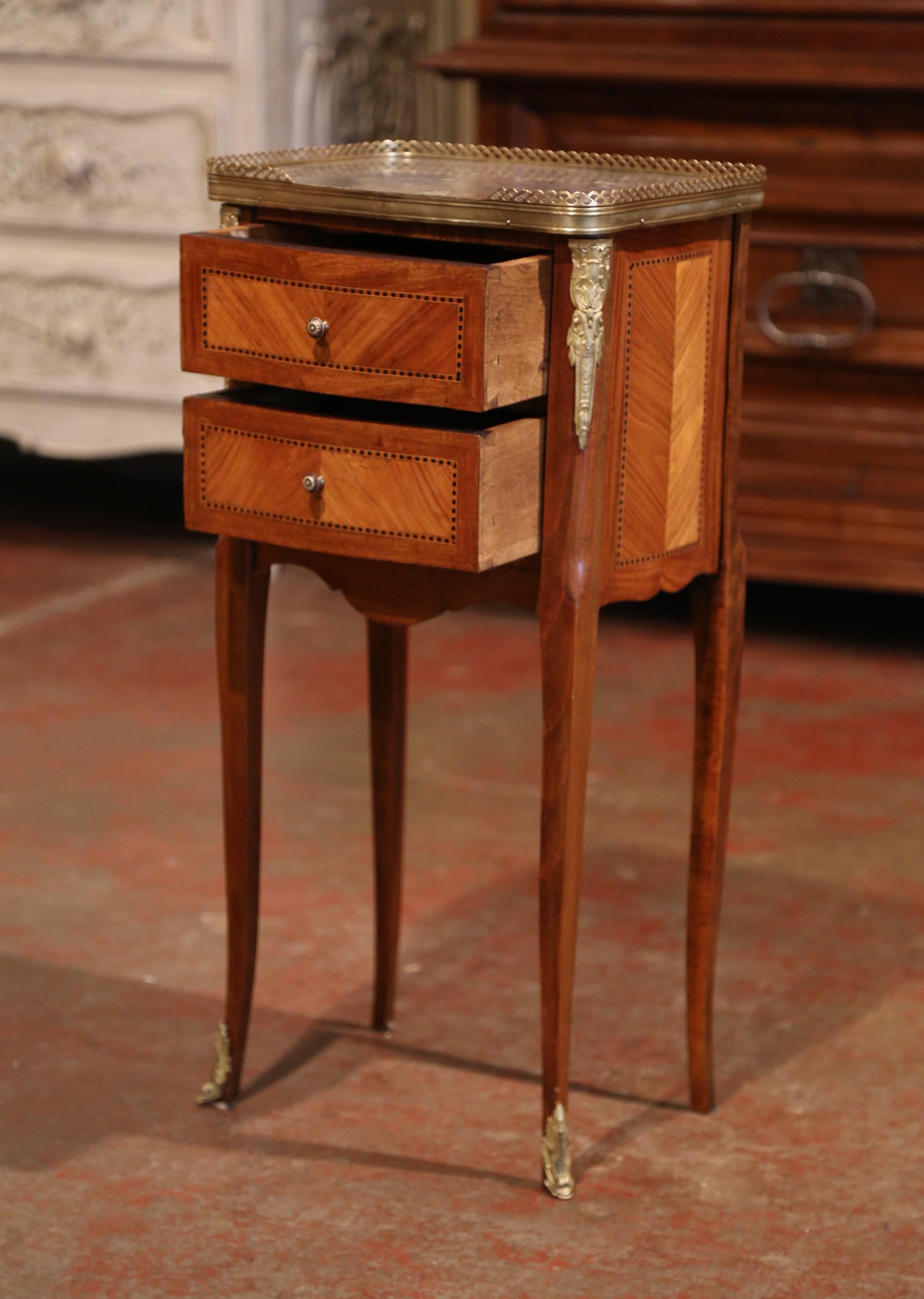 19th Century French Marquetry and Bronze Walnut Nightstand with Grey Marble Top 1