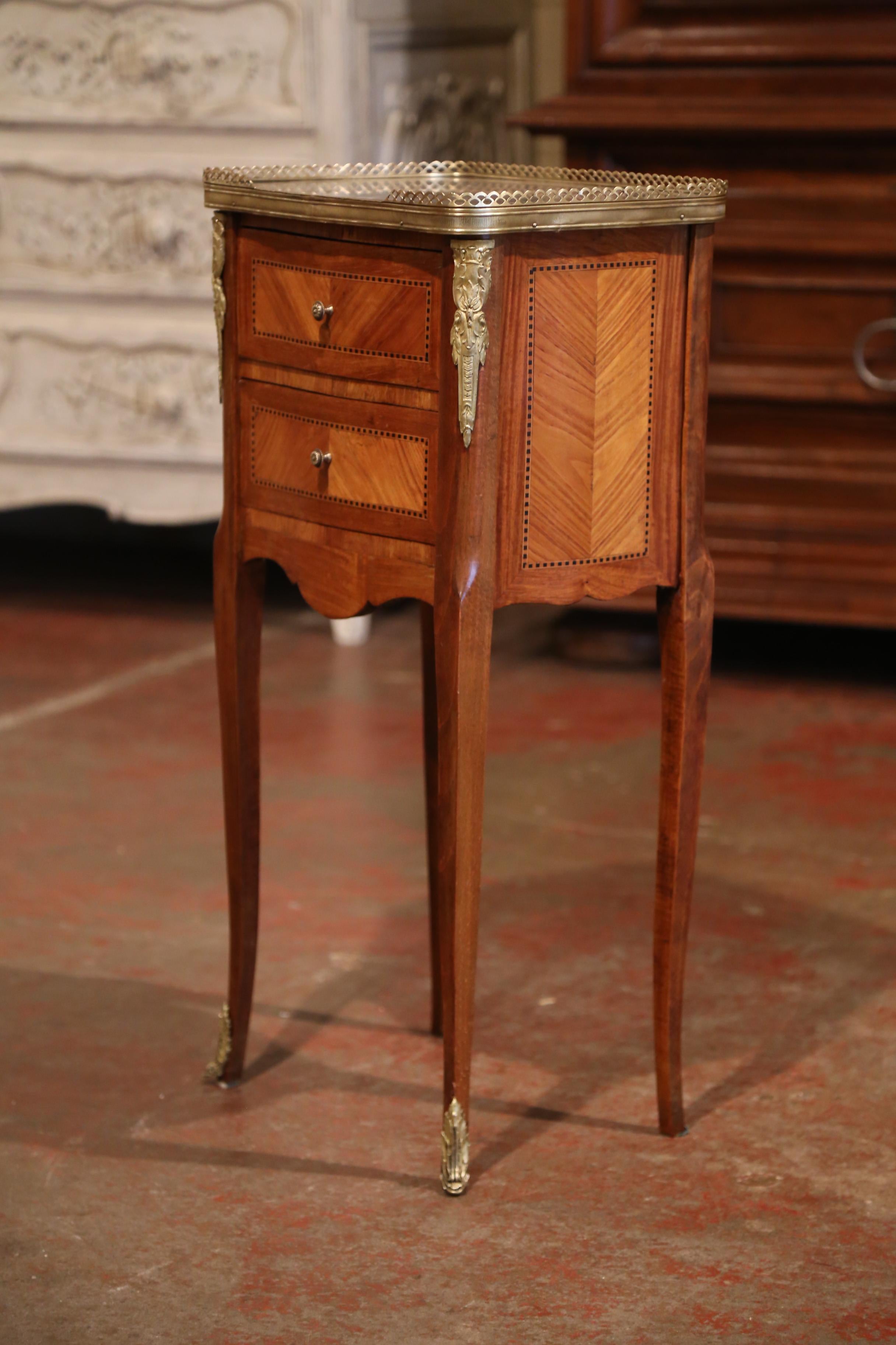 19th Century French Marquetry and Bronze Walnut Nightstand with Grey Marble Top 3