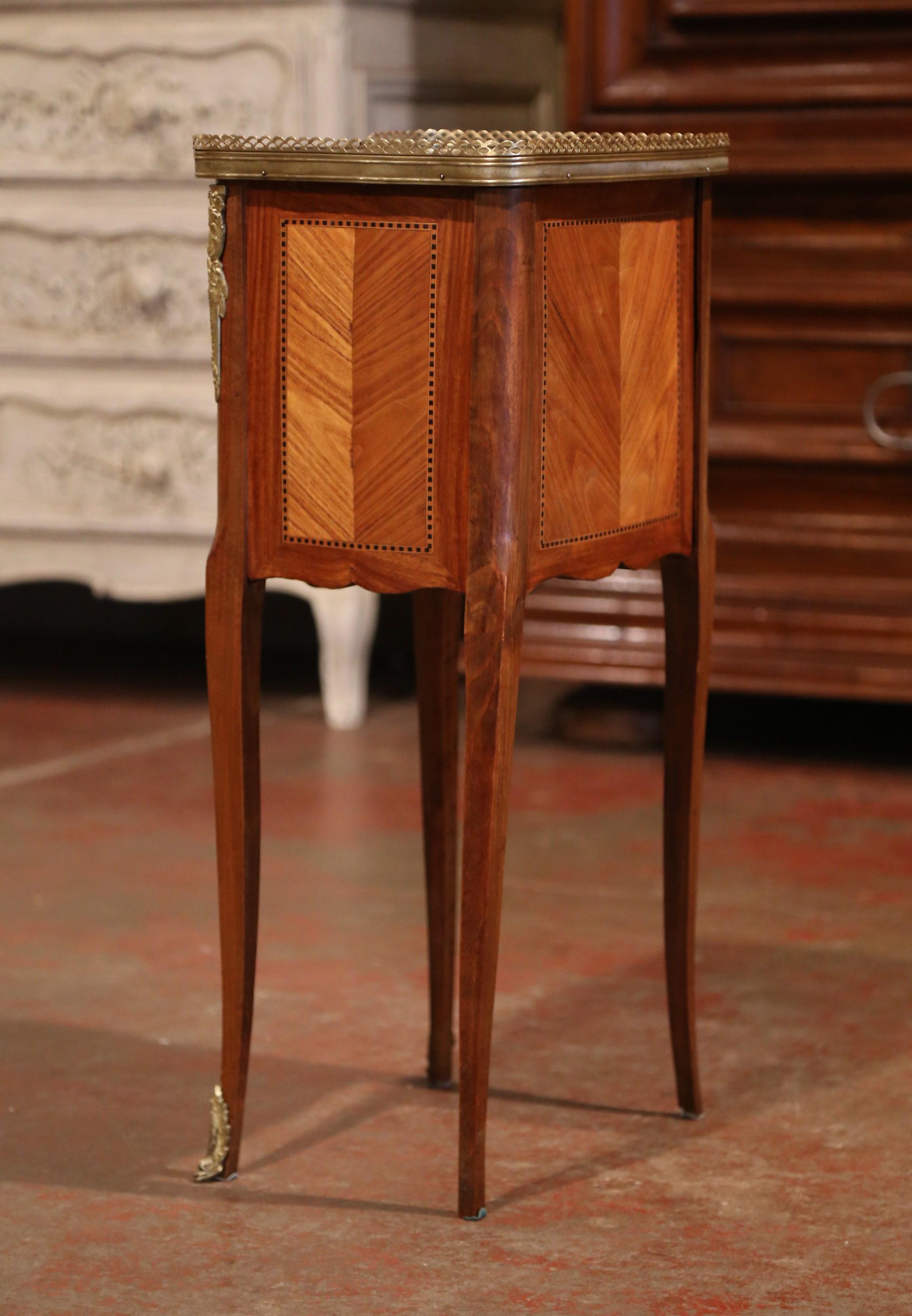 19th Century French Marquetry and Bronze Walnut Nightstand with Grey Marble Top 4