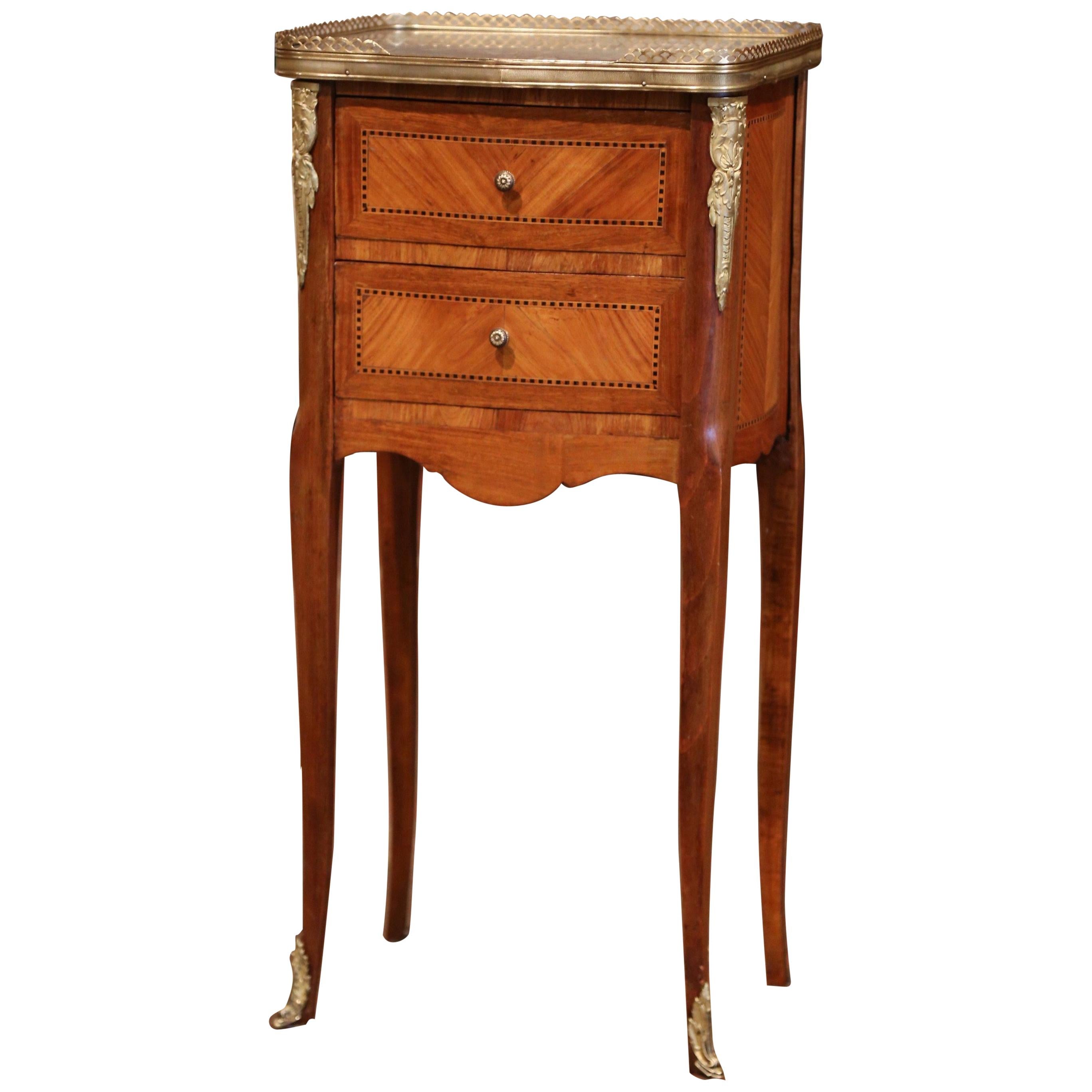 19th Century French Marquetry and Bronze Walnut Nightstand with Grey Marble Top