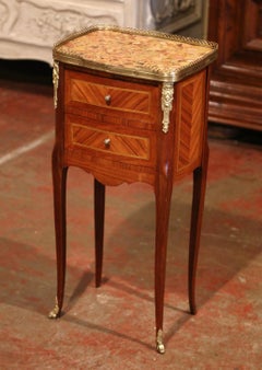 19th Century French Marquetry and Bronze Walnut Nightstand with Marble Top