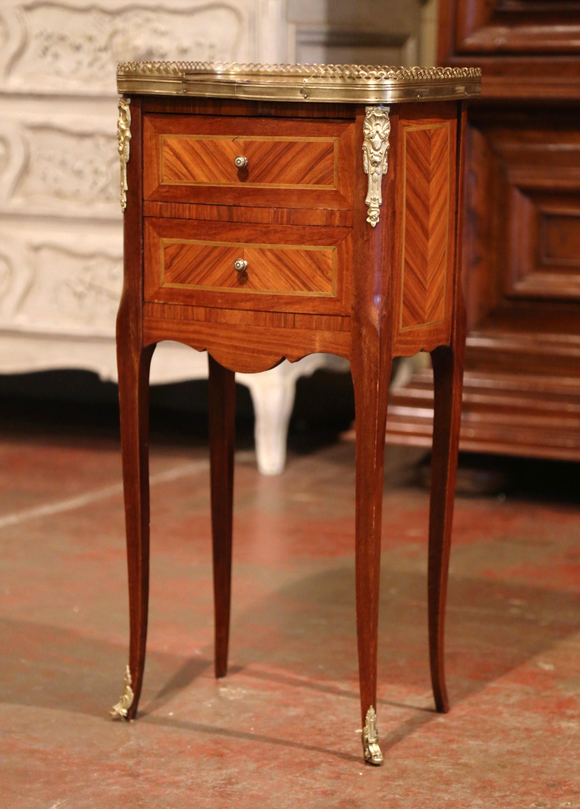 Patinated 19th Century French Marquetry and Bronze Walnut Nightstand with Marble Top