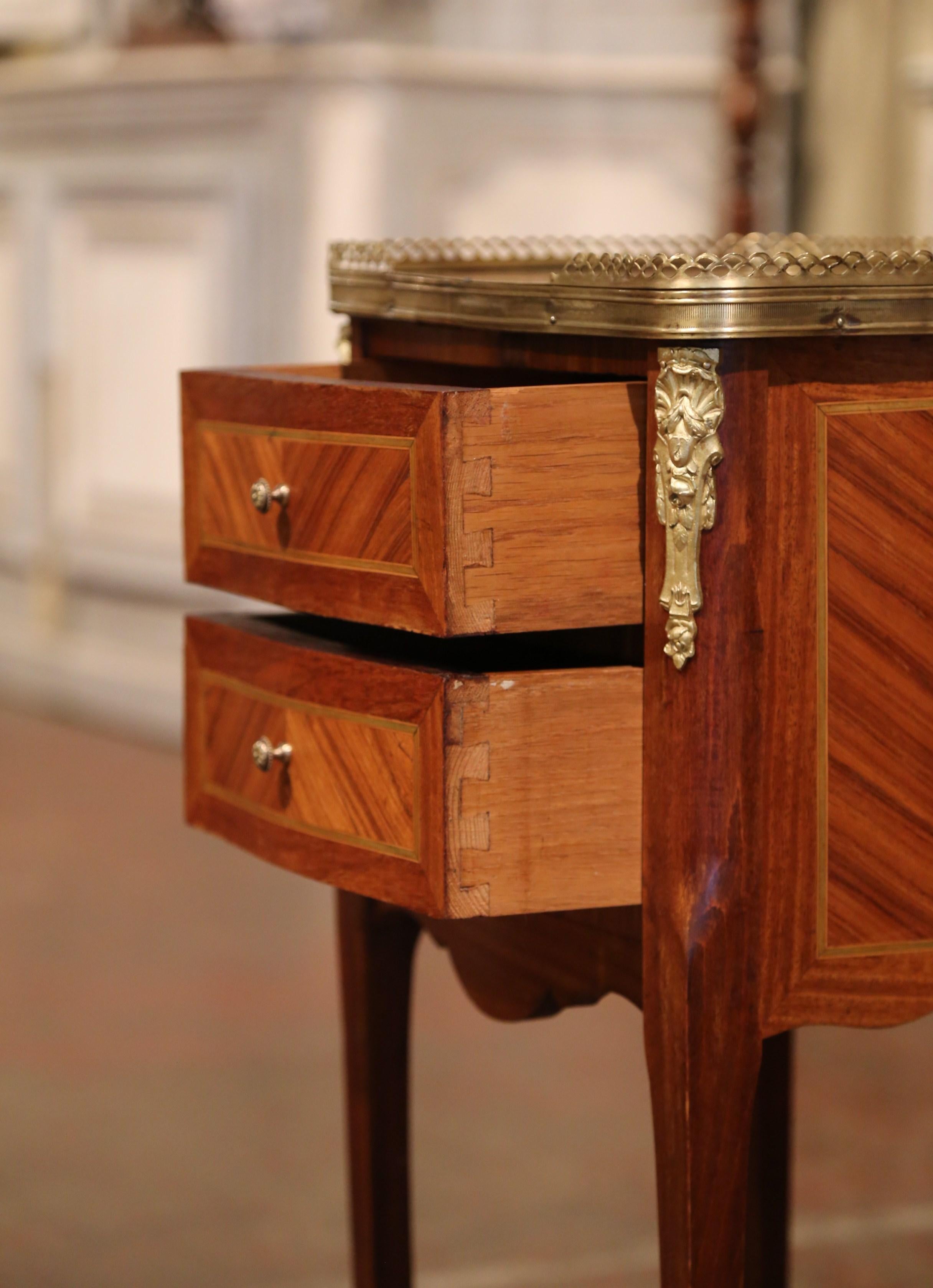 19th Century French Marquetry and Bronze Walnut Nightstand with Marble Top In Excellent Condition In Dallas, TX