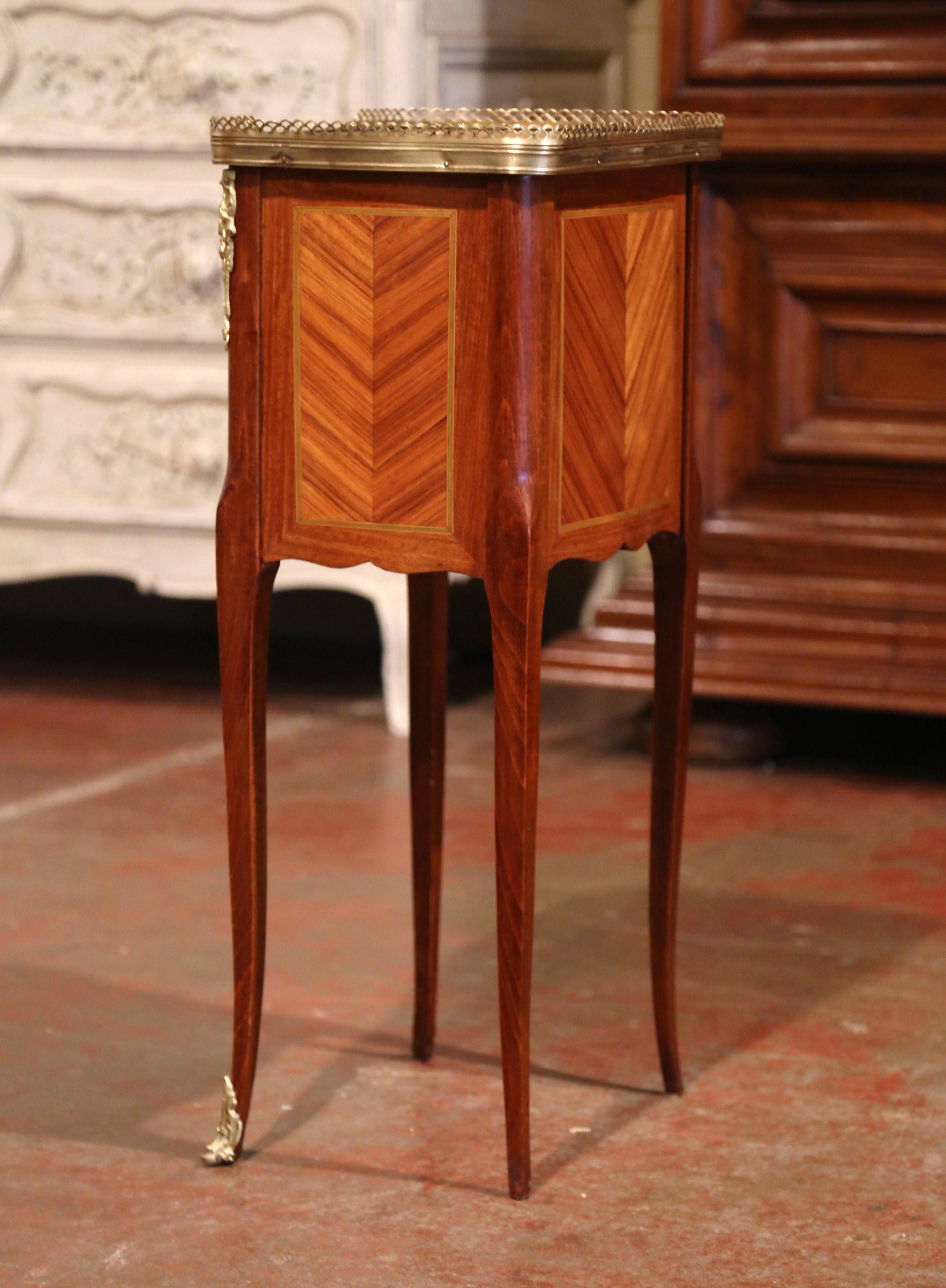 19th Century French Marquetry and Bronze Walnut Nightstand with Marble Top 1